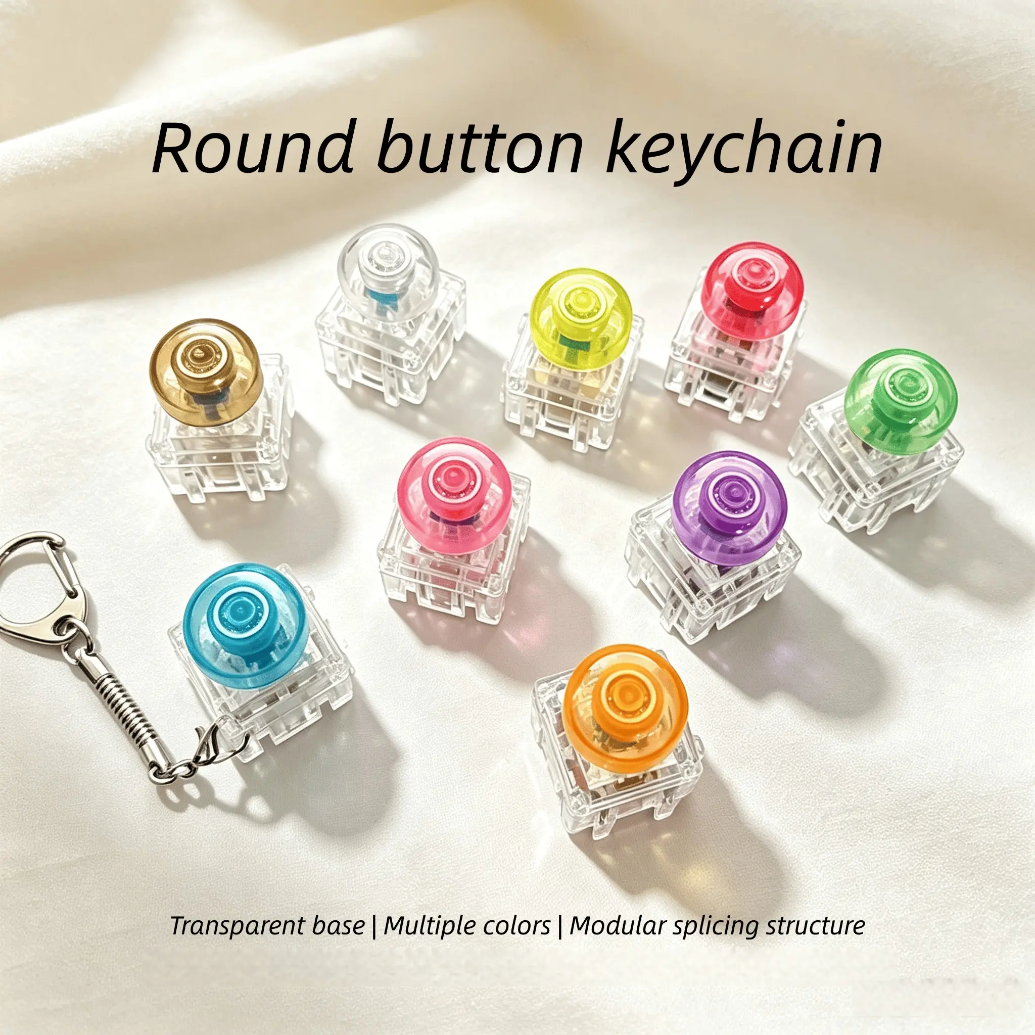 4-Key Portable Transparent Mechanical Axis Keychain, Multi-Color Round Caps, Rotatable Caps, Clear Sound, Decorative Pendant
