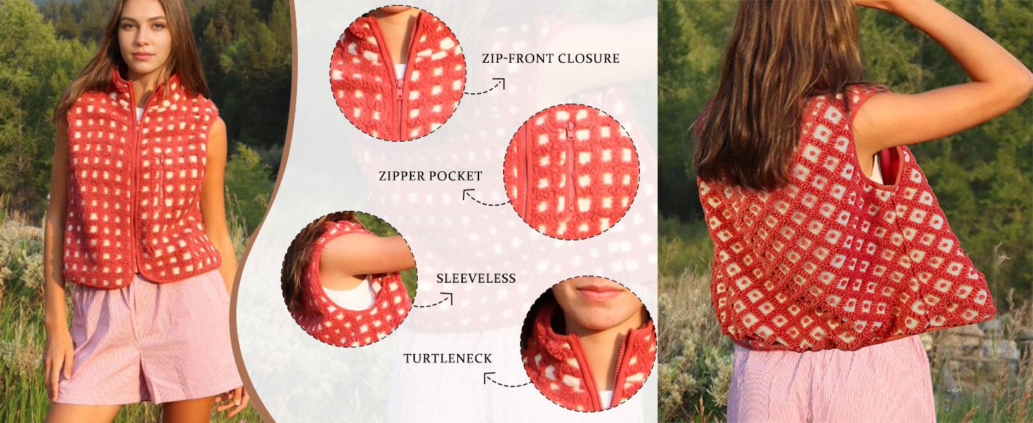 SCUSTY Women's Plaid Sherpa-Lined Winter Vest Sleeveless Fleece Jacket with High Neck, Zip-Up & Chest Pocket