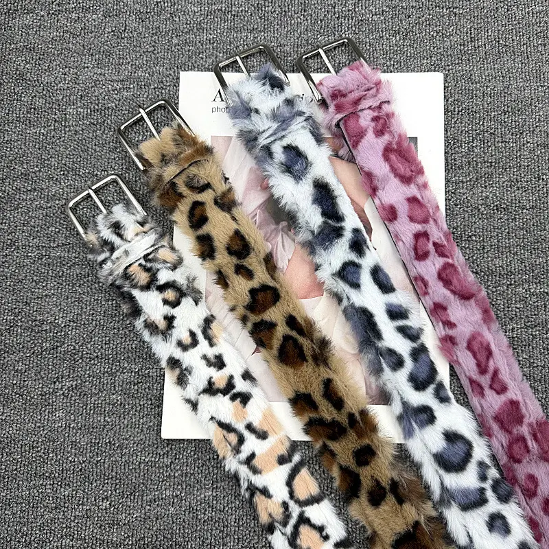 High-end pink leopard print plush belt fashionable versatile wide version light luxury comfortable fuzzy belt for girls