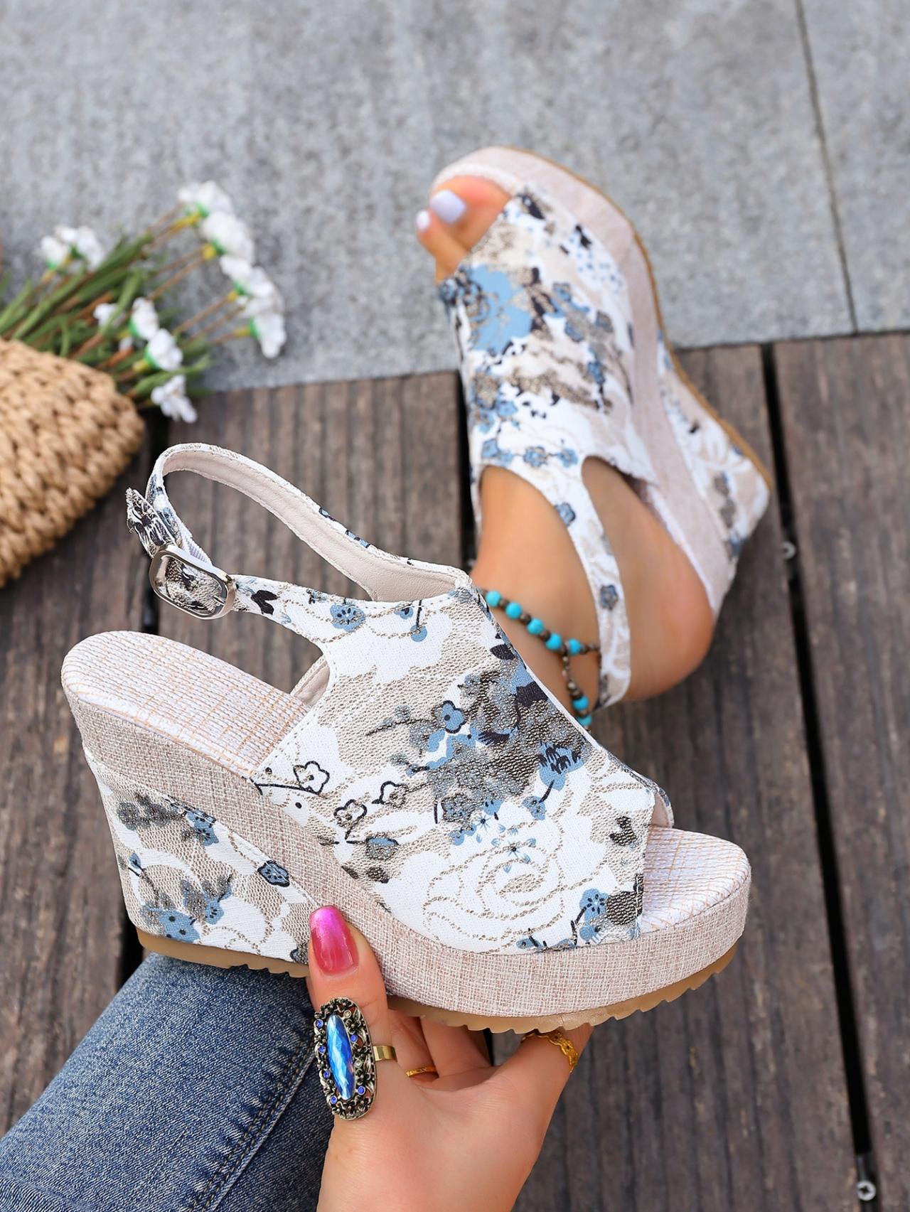 Women's Chinese Style Plum Blossom Printed Wedge Sandals, Summer Retro Platform Elevated Buckle Open-Toe Vacation Roman Shoes