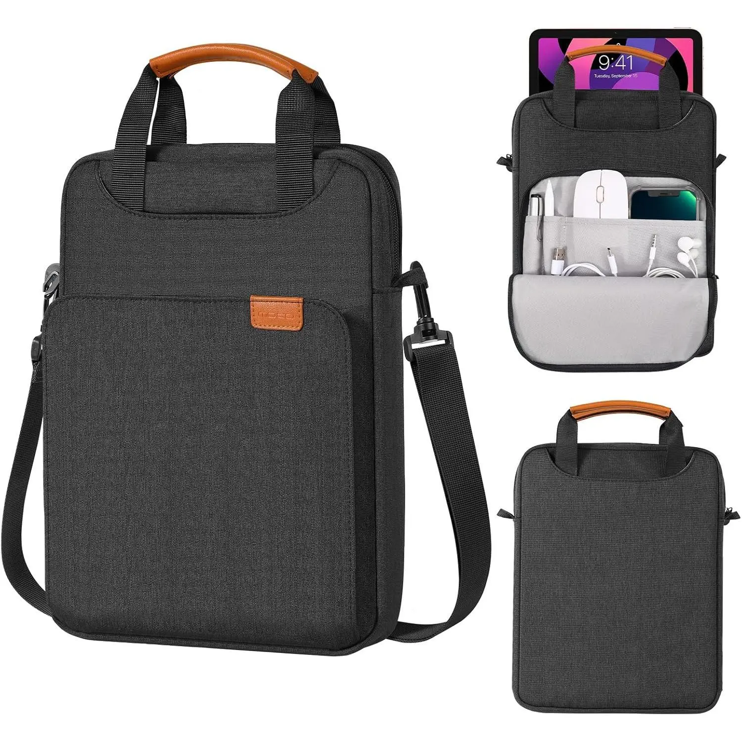 MoKo 9-11 Inch Tablet Carrying Case Shoulder Bag with Concealed Hand Strap | Fits iPad Air 11-inch M4, iPad Pro 11-inch M5, iPad A16, iPad 10/9/8th, Surface Go 3/2 and Tab S8/S9 11, Black & Gray