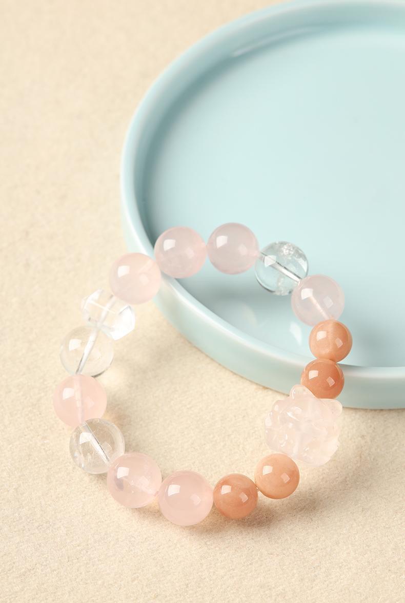 [Love Fortune] crystal bracelet, rose quartz white crystal sunstone pink quartz carving, unisex, daily wear gift, 10mm beads natural stone, love romance luck symbol