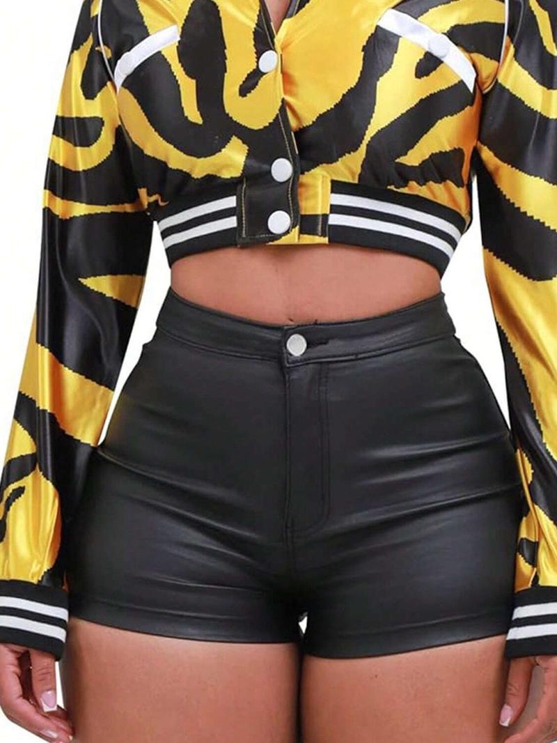 Women's Plain PU High-Waisted Button Closure Shorts, Fitted Casual Style, 1 Piece, Perfect for Everyday Wear