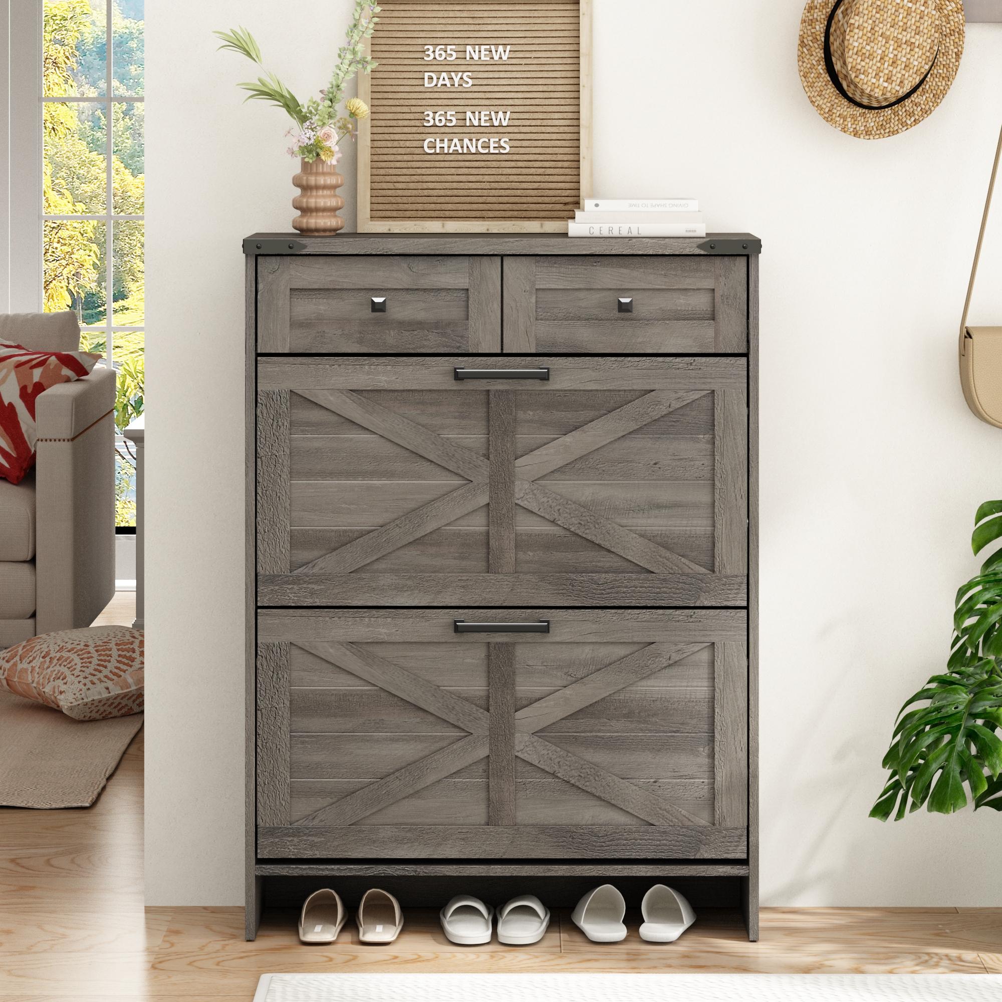 Farmhouse Shoe Storage Cabinet with 2 Hidden Flip Drawers & 2 Drawers – Narrow Freestanding Shoe Rack Organizer with Adjustable Shelves for Entryway Farmhouse Shoe Storage Cabinet with 2 Hidden Flip Drawers & 2 Drawers – Narrow Freestanding Shoe Rack Organizer with Adjustable Shelves for Entryway