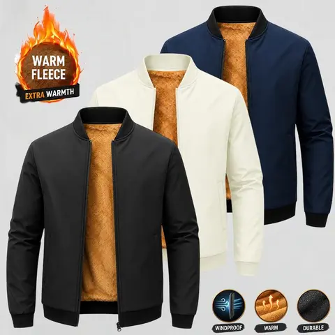 Menswear Plain Full-Zip Baseball Collar Jacket - Fleece-Lined, Thick, Lightweight Winter Outerwear with Ribbed Trim, Hand Pockets, Casual Design for Daily & Weekend Activities