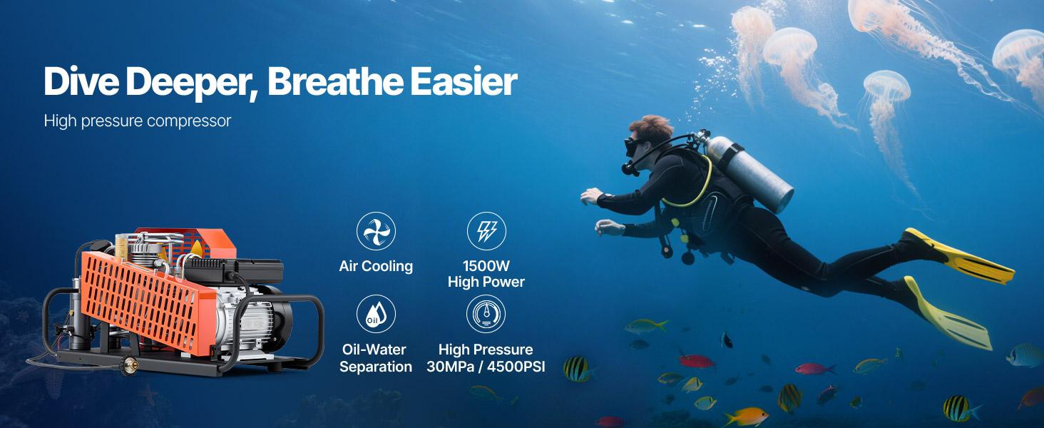 VEVOR PCP Air Compressor, 4500PSI/30Mpa Diving Scuba Tank Air Compressor, 60 L/min Four-Cylinder Auto Stop PCP Rifle Compressor Pump with Fan Cooling System for Scuba Tanks, Paintball, Firefighting