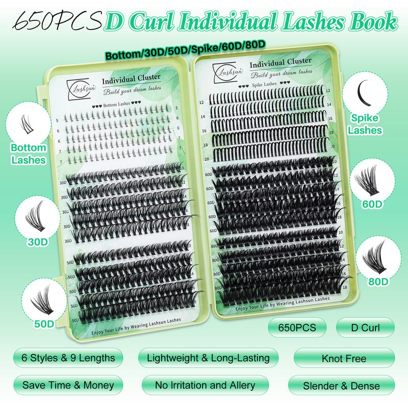 1344PCS/650PCS/540PCS Lash Kit, Eyelash Extensions, D Curl 11 Styles Mixed Length Bottom/Spikes/3D Effect with Bond&Seal Lash Remover Brush Lash Applicator Headband Wristband set, Beginners&Proficient, DIY at Home Easily, for Makeup Daily