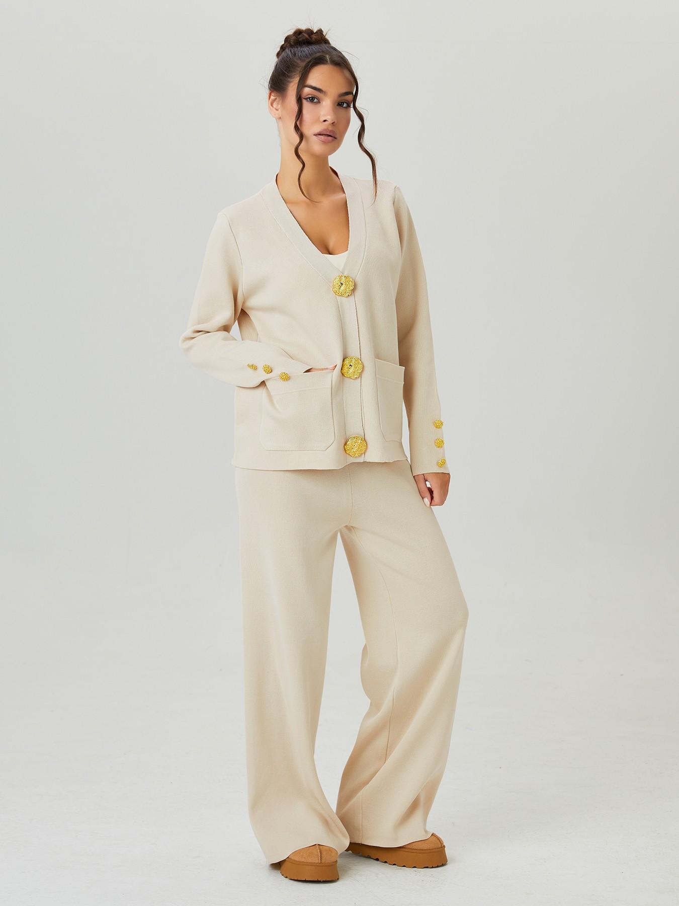 Women's Versatile V-Neck Gold Button Side Pocket Knit Cardigan and High Waist Wide Leg Pants Set, Elegant Two-Piece, Comfortable Women's Clothing#TikTokMadeMeBuyIt #CasualChic#MatchingSet