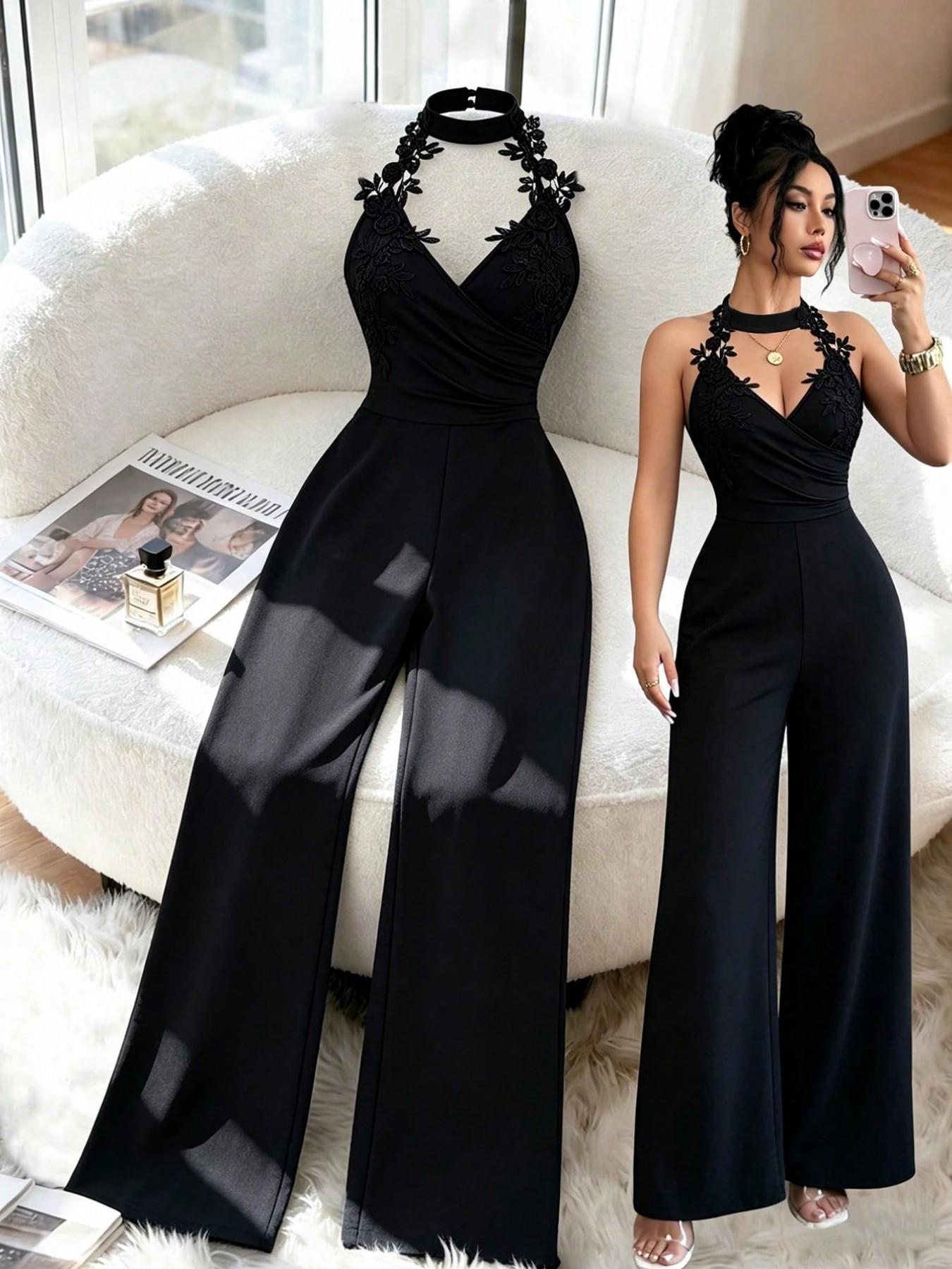 Floral Lace Halter Deep V Cross Back High Waist Bodycon Pants, Sexy & Elegant Design for Dates & Parties, Perfect Fit for Special Occasions