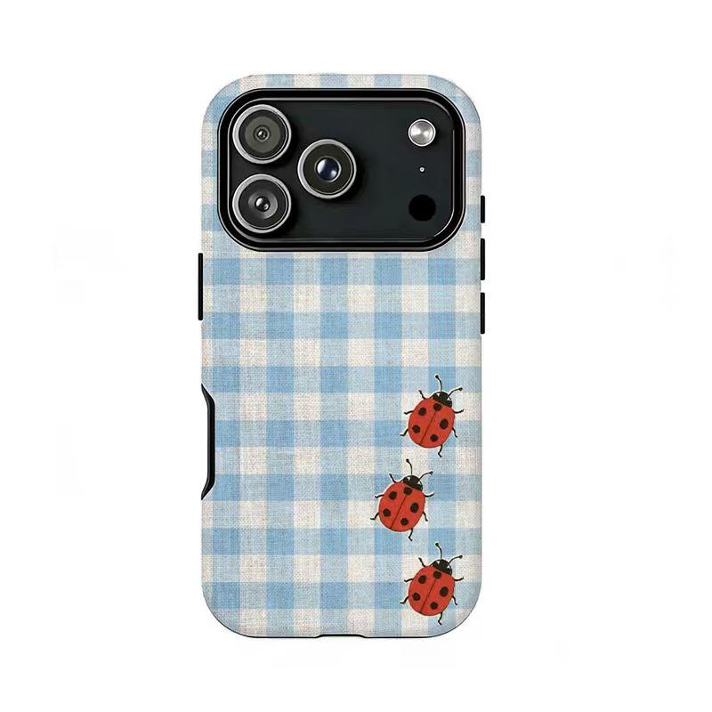 Cottagecore Ladybug Phone Case | Gingham & Stripes Aesthetic ,Compatible for iPhone 16 15 14 13 12 11 17Pro Max,for Samsung S25 S24 S23 S22 Ultra,Durable Dual-Layer design phone cover,Perfect Gift for Her