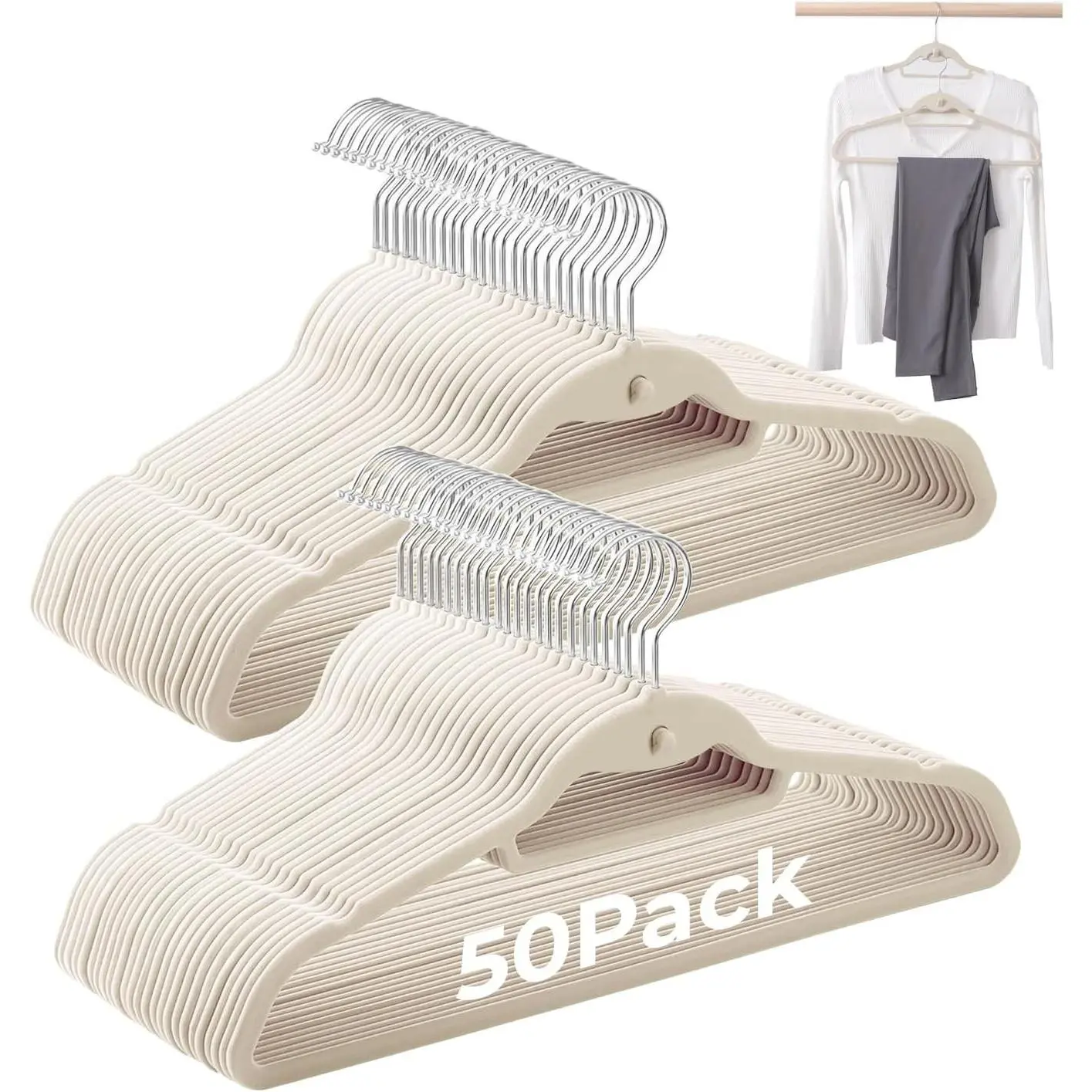 Ivory Velvet Hangers, Stackable Hanger with Non Slip Felt Fabric | Ultra Thin and Space Saving with 360° Swivel Hook, 15Lbs Cascading Capacity for Clothes, Suit, Shirt, Coat (50 Pack)