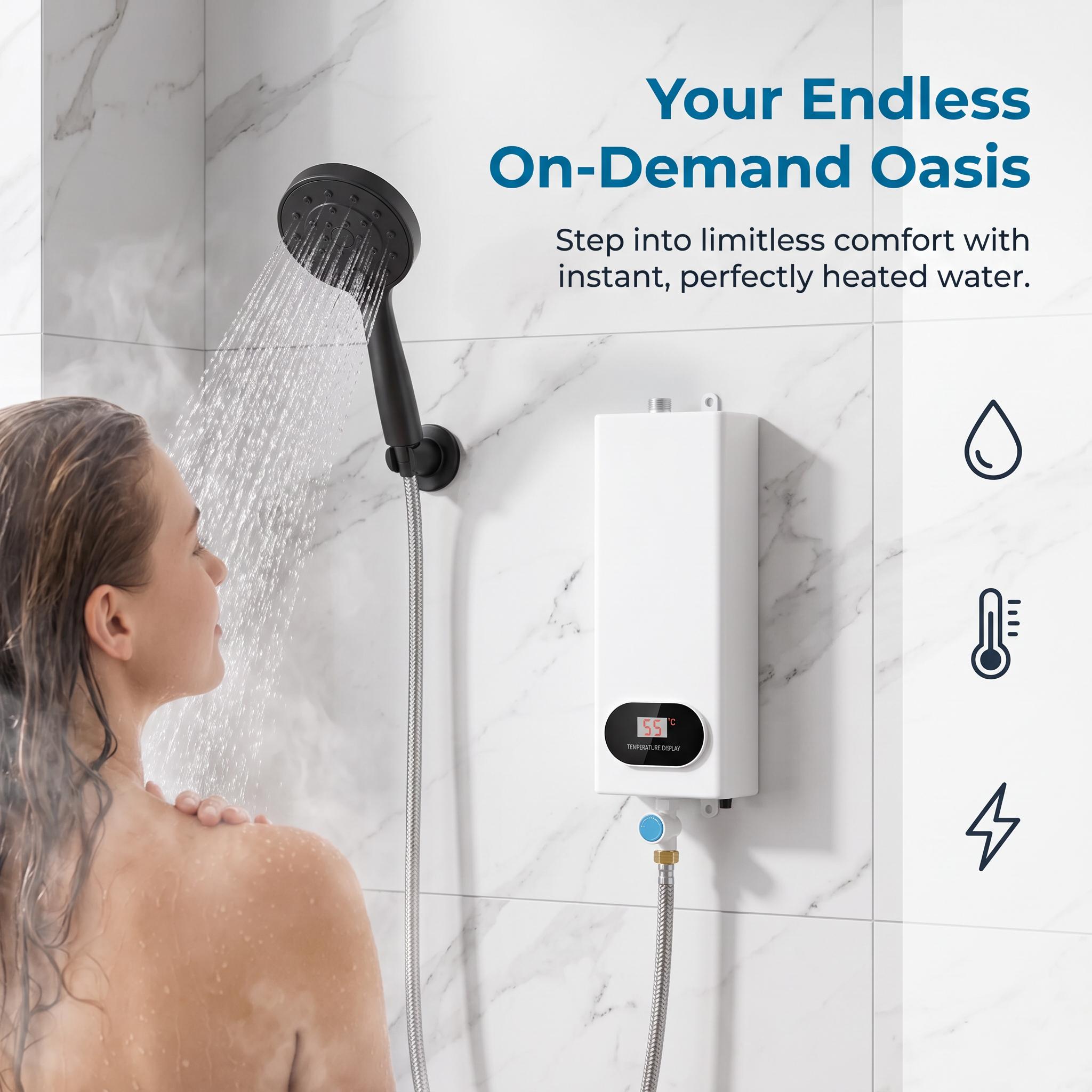 110V 3500W Tankless Instant Electric Water Heater with Complete Shower Head Kit, LCD Display, On-Demand Heat, Small Footprint, Compact Easy-Install Unit for Homes/RVs Bathroom, Kitchen Use 110V 3500W Tankless Instant Electric Water Heater with Complete Shower Head Kit, LCD Display, On-Demand Heat, Small Footprint, Compact Easy-Install Unit for Homes/RVs Bathroom, Kitchen Use