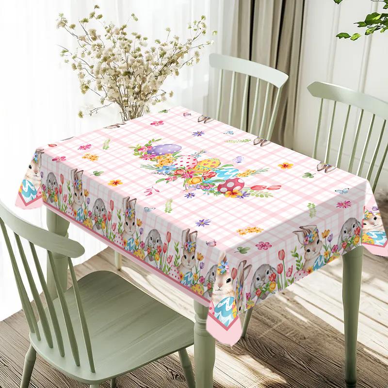 Rectangular Easter Tablecloth, Cartoon Rabbit & Egg Design, Spring/summer Floral Pattern, Perfect for Holiday/easter Decorations, Picnic Table Cover