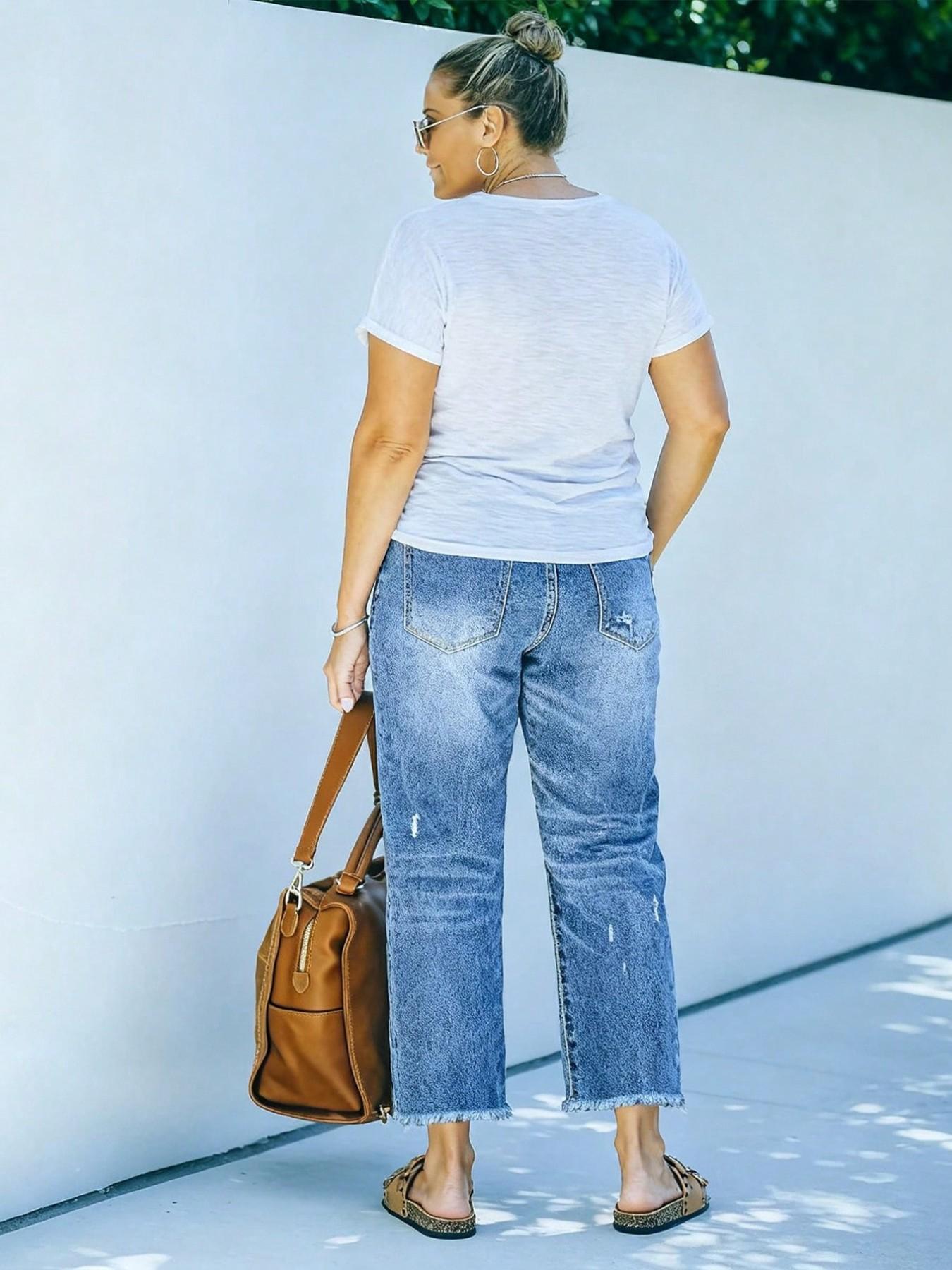 Women's Plus Size Mid-Waist Ripped Jeans, American Vintage Washed Edge Design, Casual Daily Wear, Loose-Fitting, All Seasons