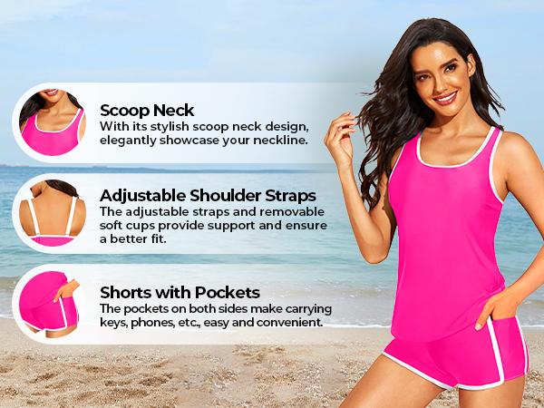 Tempt Me Women Two Piece Tankini Swimsuits - Swimsuits with Pockets Shorts Tummy Control Bathing Suit Athletic Swimwear