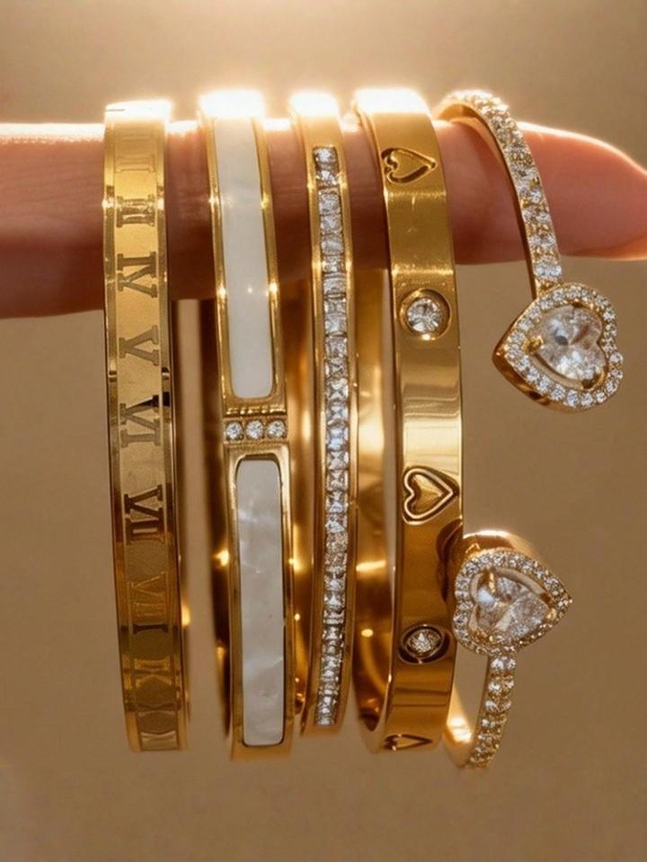 5-Piece 18K Gold-Plated Stackable Bracelet Set, Roman Numerals, Shells, Artificial Zirconia and Heart Designs, Hypoallergenic Stainless Steel Fashion Wrist Jewelry for Women