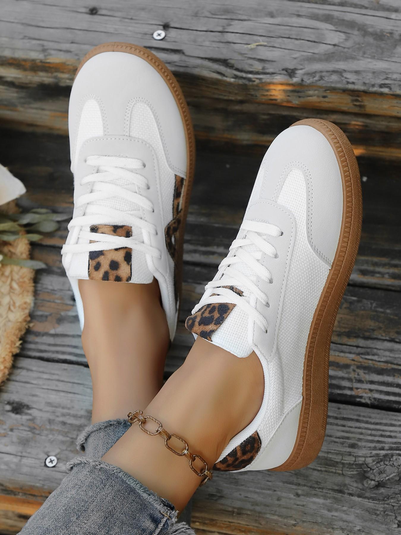 Women's Leopard Patchwork Trainers, Spring & Fall Casual Comfortable Breathable Lightweight Flat Shoes, Retro Style Daily Commute School