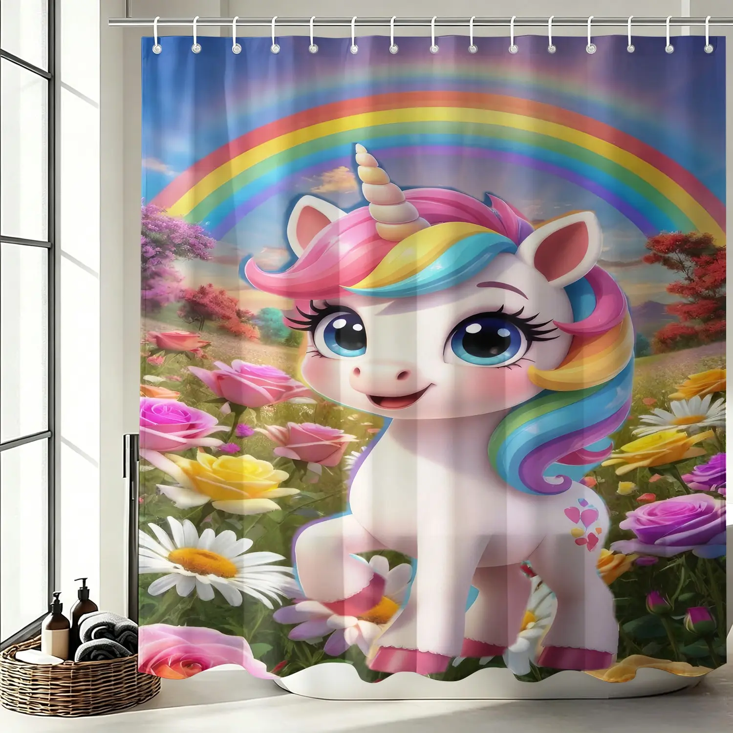 Cartoon Unicorn Pattern Shower Curtain, Magical Fantasy Bathroom Decor, Waterproof, Free Plastic Curtain Hooks Included, Bright Vivid Color Print Anti-Fade, Machine Washable