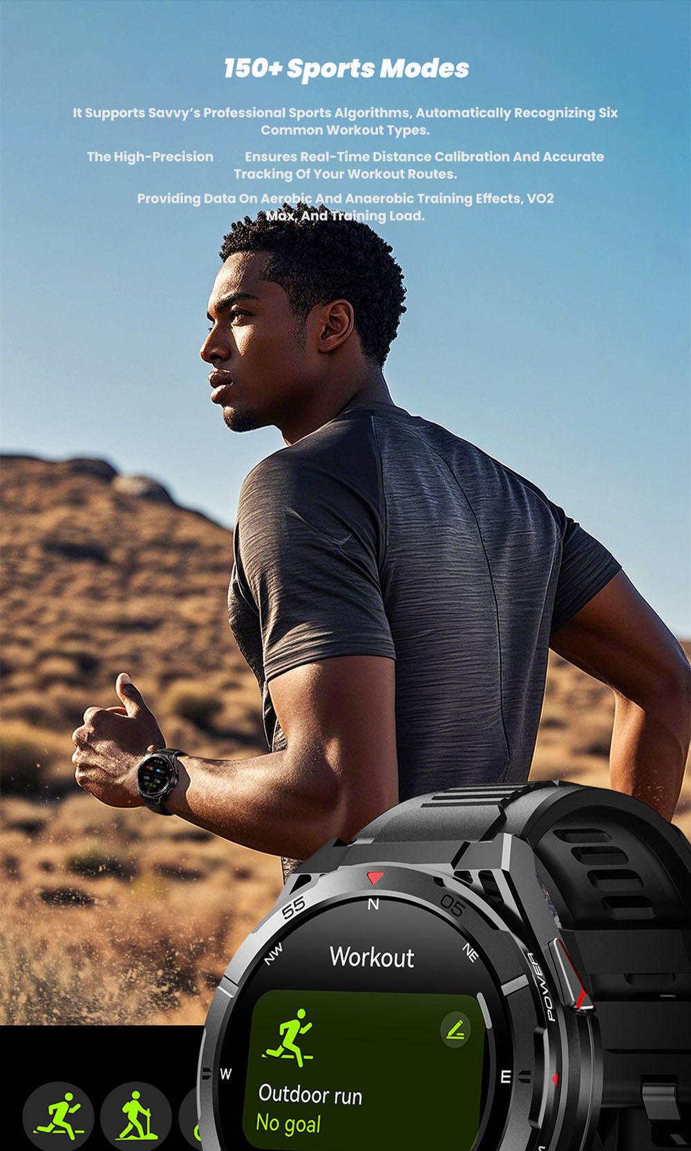 Outdoor sports 100+ sports mode, 1.43-inch full touch screen, 480mAh large-capacity battery, GPS tracking, wireless call, air pressure compass, voice assistant, message notification, compatible with IOS and Android, outdoor sports smartwatch