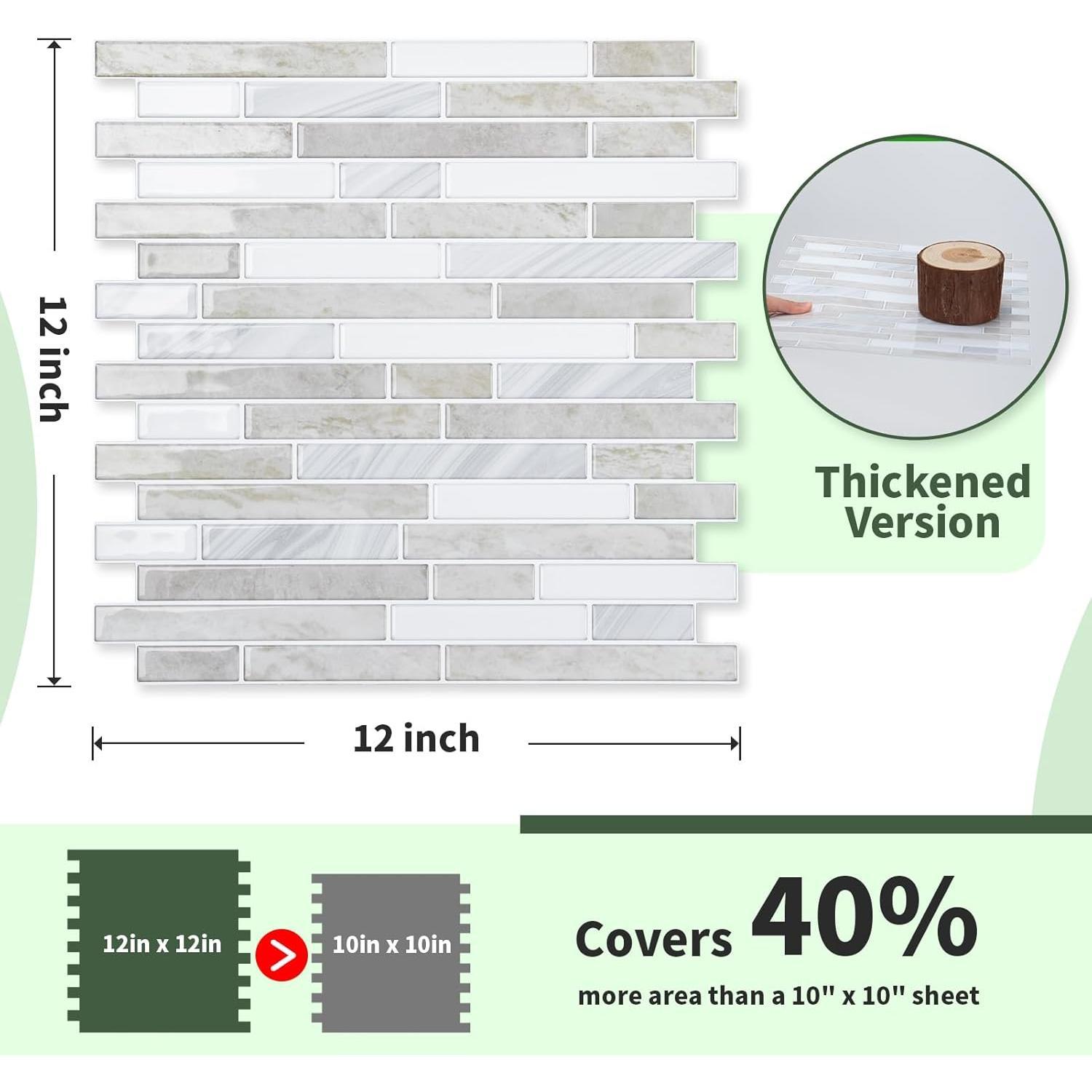 10-Sheet Extra Thick Peel and Stick Backsplash Tiles,  Kitchen Backsplash Peel and Stick Tile, Self-Adhesive Backsplash for Kitchen, Beige & White