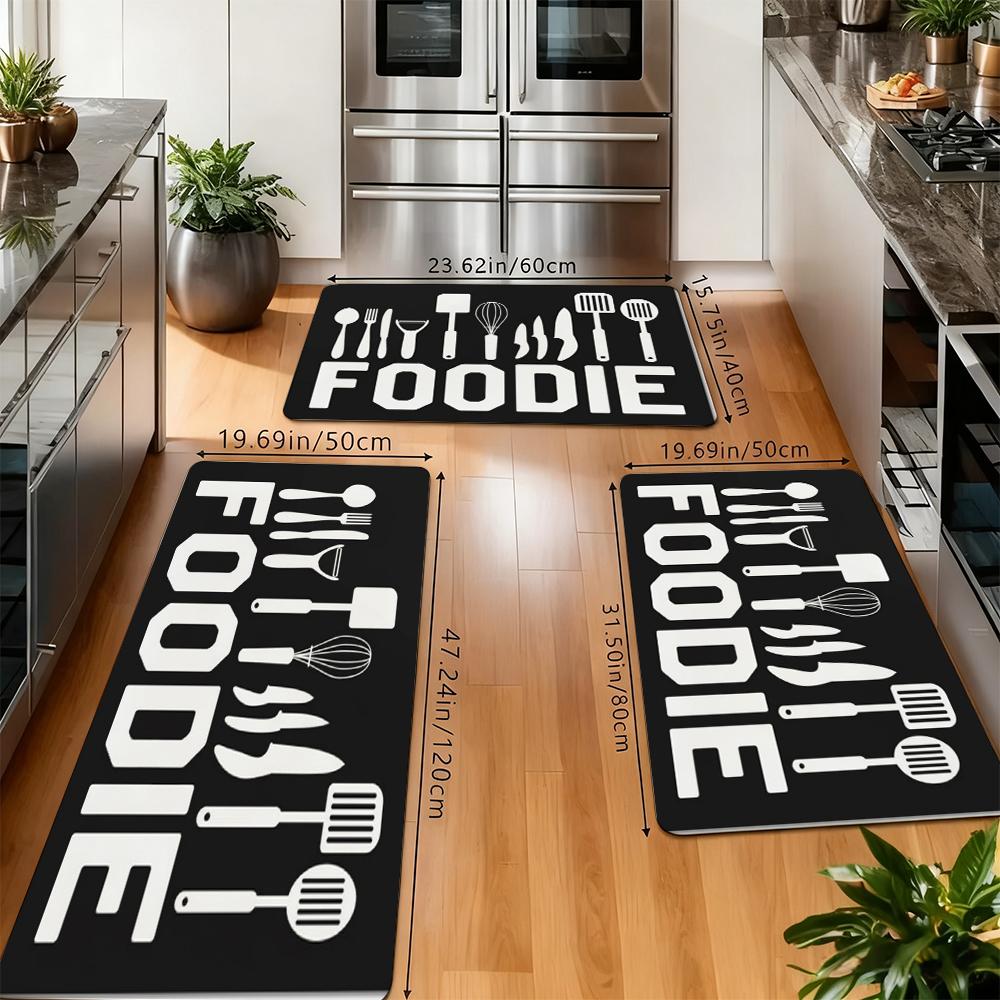FOODIE Kitchen Rug Set, Black & White Utensil Pattern Non-Slip Washable Floor Mats, Chef Themed Runner Rugs for Kitchen, Dining Room & Home Decor