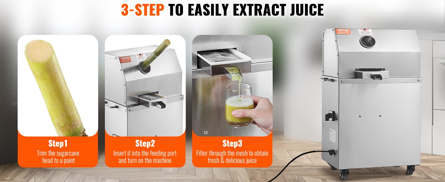 VEVOR Commercial Sugar Cane Juicer, 800W Electric Sugarcane Juicer Machine with 661LBS/H High Output, 3 Stainless Steel Rollers, Sugar Cane Press Juice Extractor Squeezer on Wheels for Home/Commercial