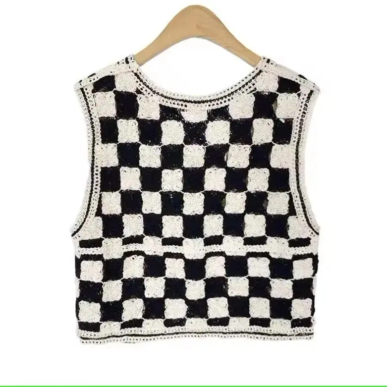 Black and White Checkered Crochet Vest for Women Openwork Button Up Sleeveless Jacket Knit Waistcoat Summer Boho Vacation Outfit