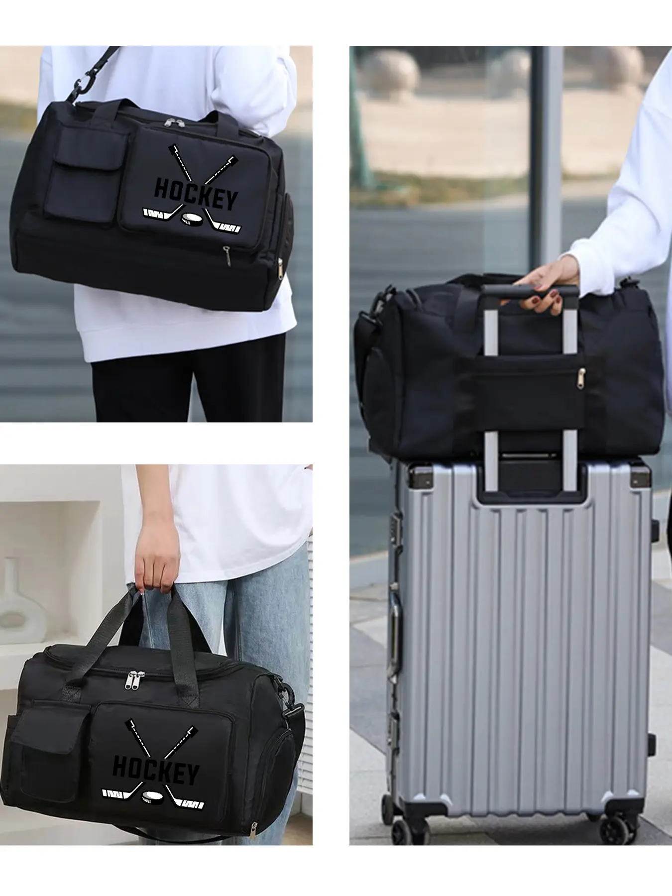 "HOCKEY" Pattern Multi-functional Crossbody Bag, Daily Sports Shoulder Bag, Suitable for Sports and Commuting. Multiple Pockets, Durable with Large Capacity, Adjustable Shoulder Strap and Independent Shoe Compartment, An Ideal Gift.