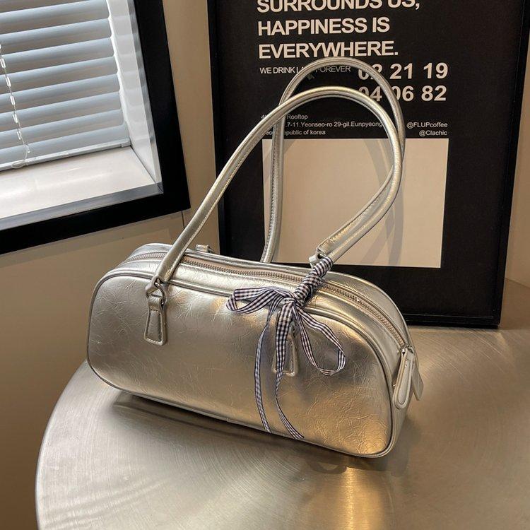 Vintage Waxed Leather Bowknot Baguette Bag, Luxury Commute Underarm Shoulder Bag, Versatile Texture Handbag, Korean Style Ins Fashion Bag for Women