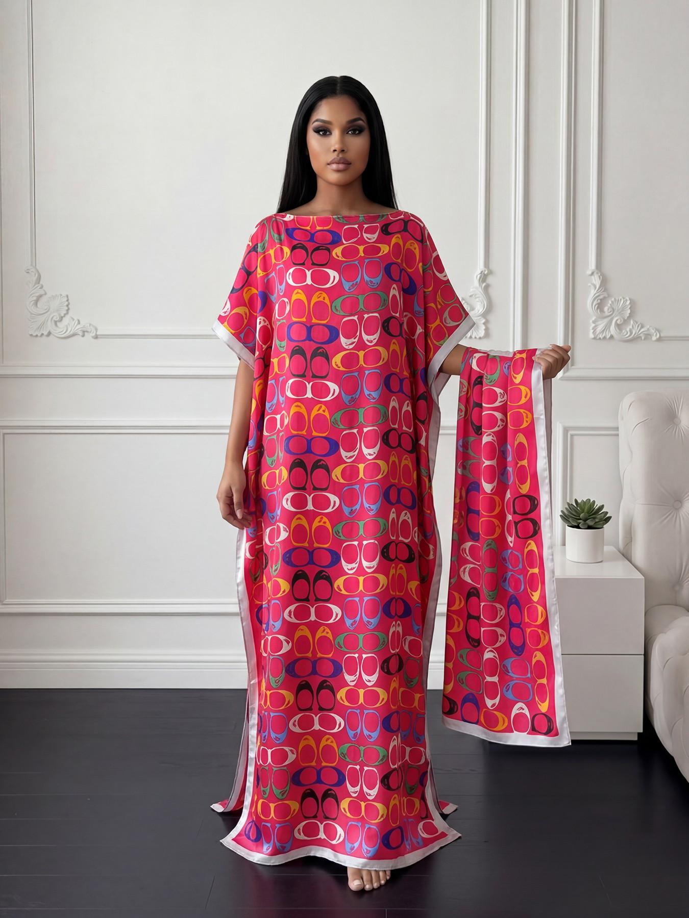 Elegant Geometric Print Robe Set, Long Dress with Headscarf, Sun Protection Silk Scarf, Women's Beachwear, Stylish and Comfortable