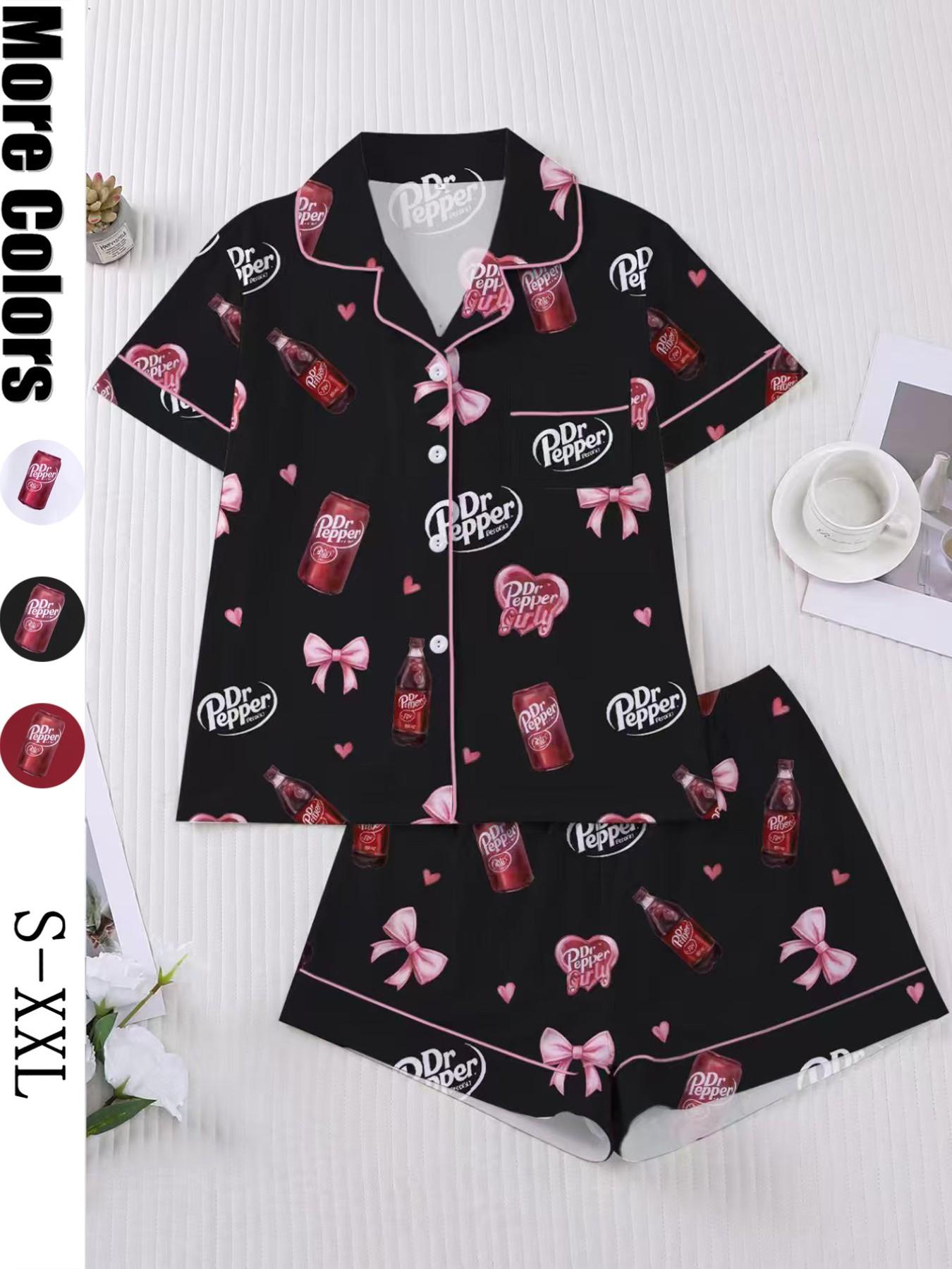 Women's Heart Bow Print Sleepwear Set, Short Sleeve Button-Up Top & Elastic Shorts, Casual Homewear for Party