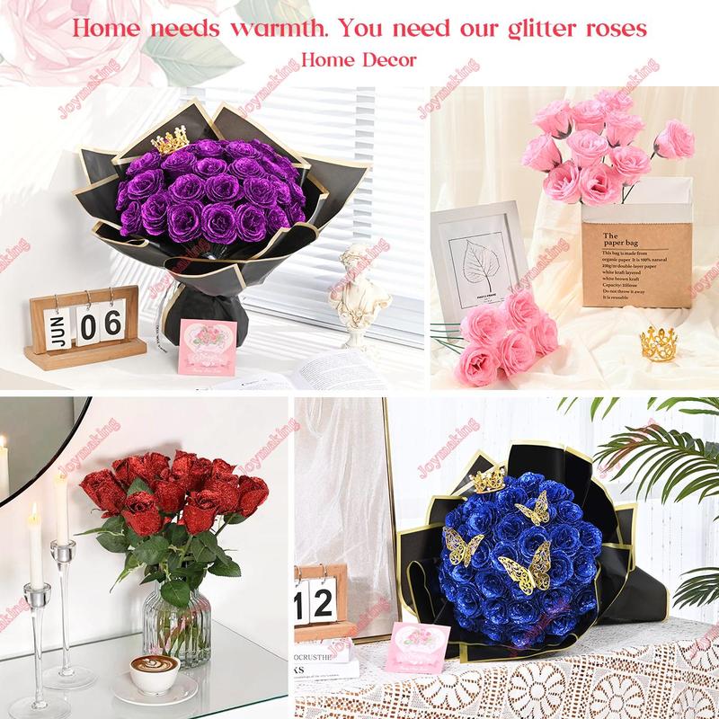 Valentine's Day 24/36 Pcs Glitter Roses Bouquet Set with 3D Butterflies Crowns & Ribbons for Girlfriend Wife Mom Friend Women Gift Perfect for Birthday Engagement Wedding Anniversaries Graduation