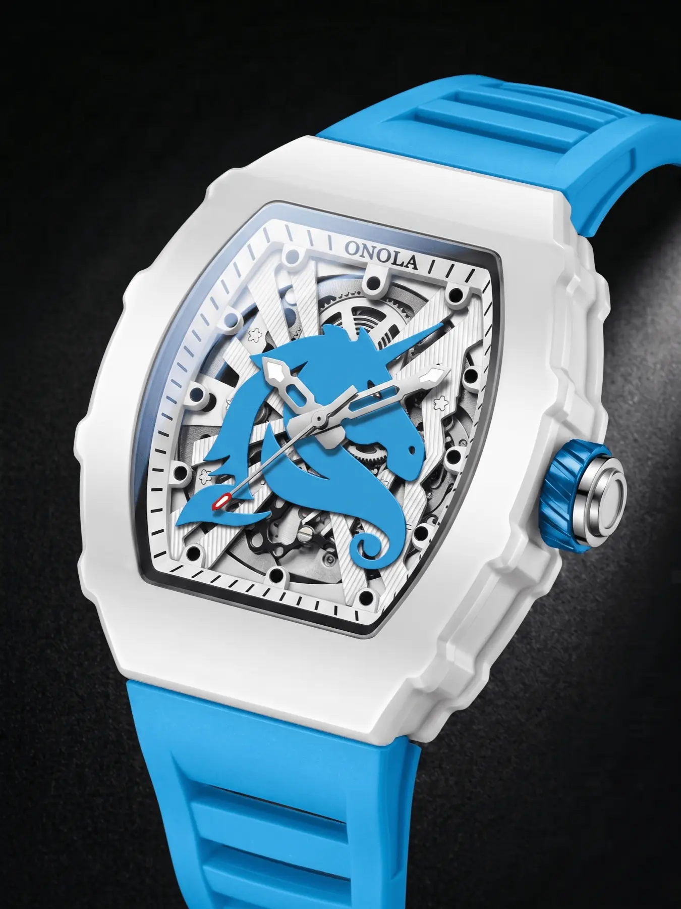 ONOLA Brand Men's Mechanical Automatic Wristwatch Men Tonneau Hollow Hand Watch Unicorn Dial Mechanical Watch Soft Silicone Strap Large Dial Trend Sport Wristwatch Luminous Dial Watch Perfect for Everyday Wear and as a Holiday Gift