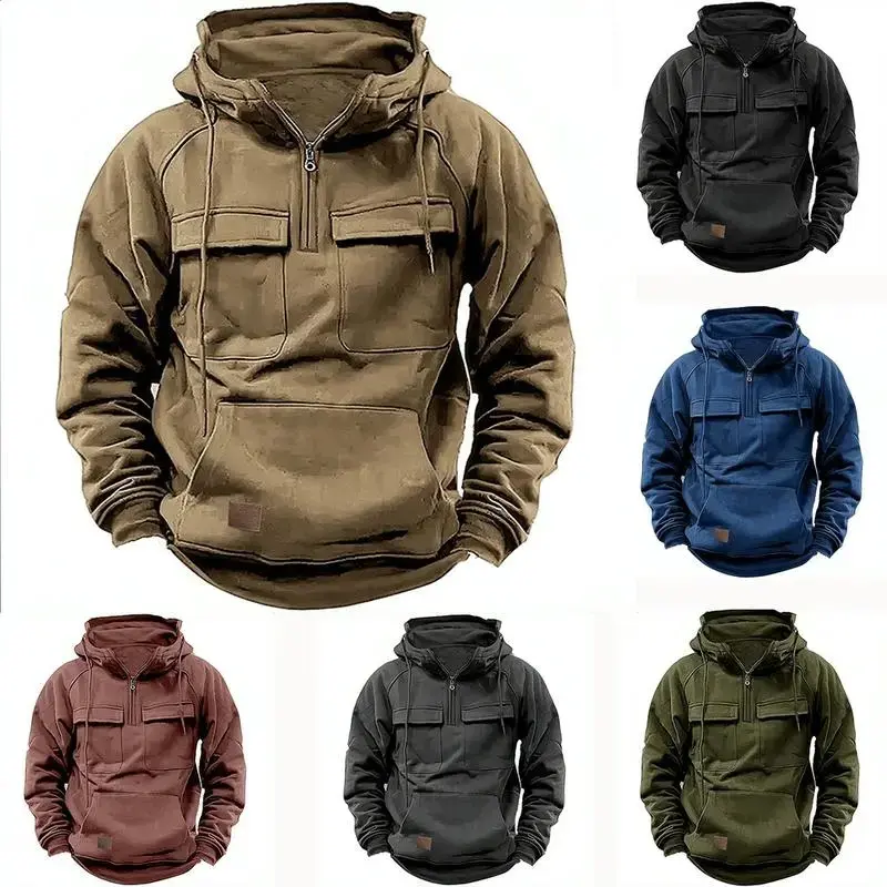 NewMen Tactical Sweatshirt Quarter Zip Cargo Pullover Hoodies Workout Gym Men Fashion Outdoor Hoodies Casual Tops Long Sleeve Fabric
