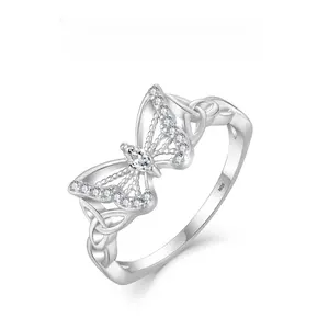 S925 Sterling Silver Butterfly Ring with 5A Cubic Zirconia Accent, Celtic Knot Design, Daily Wear Jewelry for Women