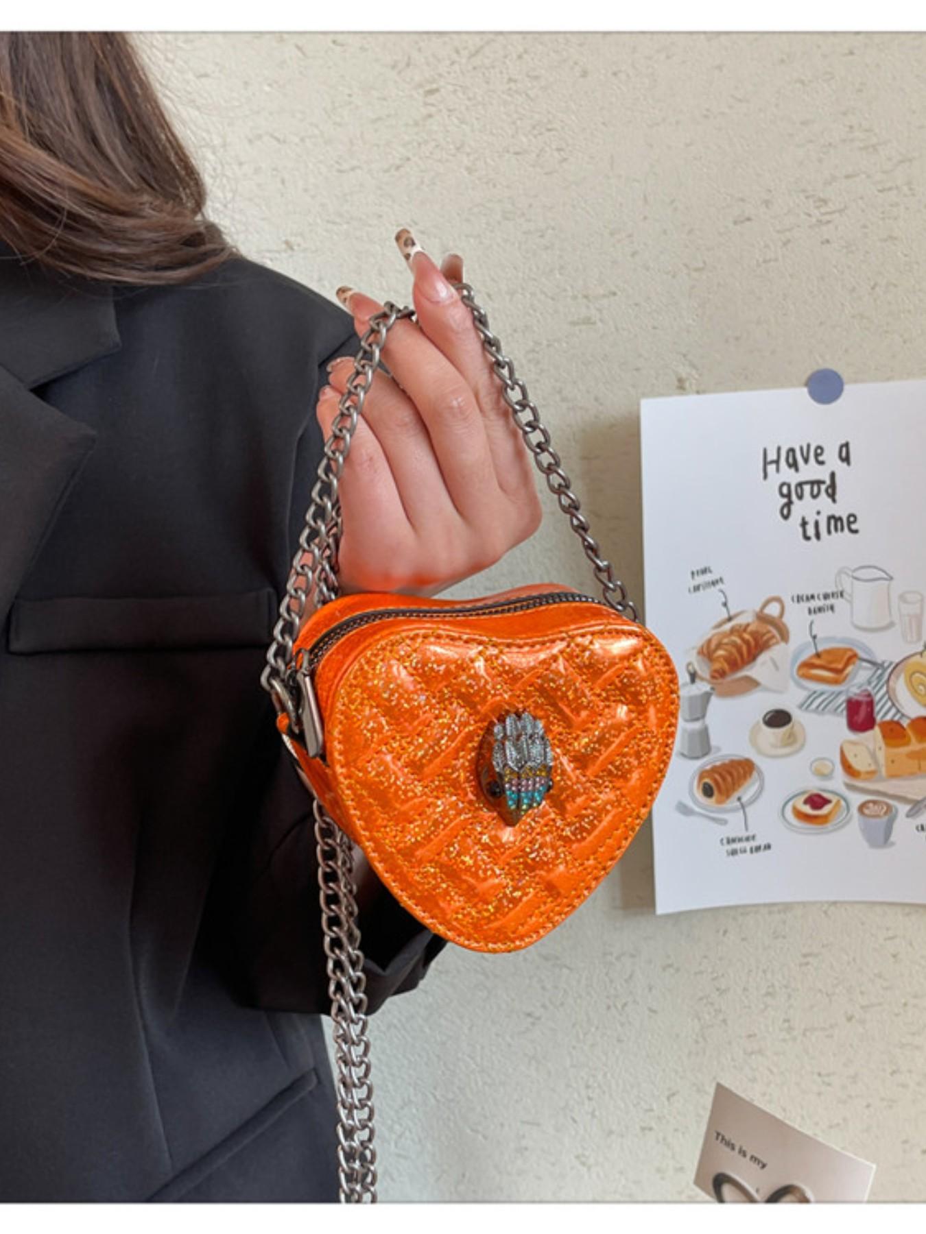 Fashion Heart Mini Bag, Sparkling Trim Design, Detachable Chain Decor, Ideal for Girls' Night Out, Stylish Evening Accessory