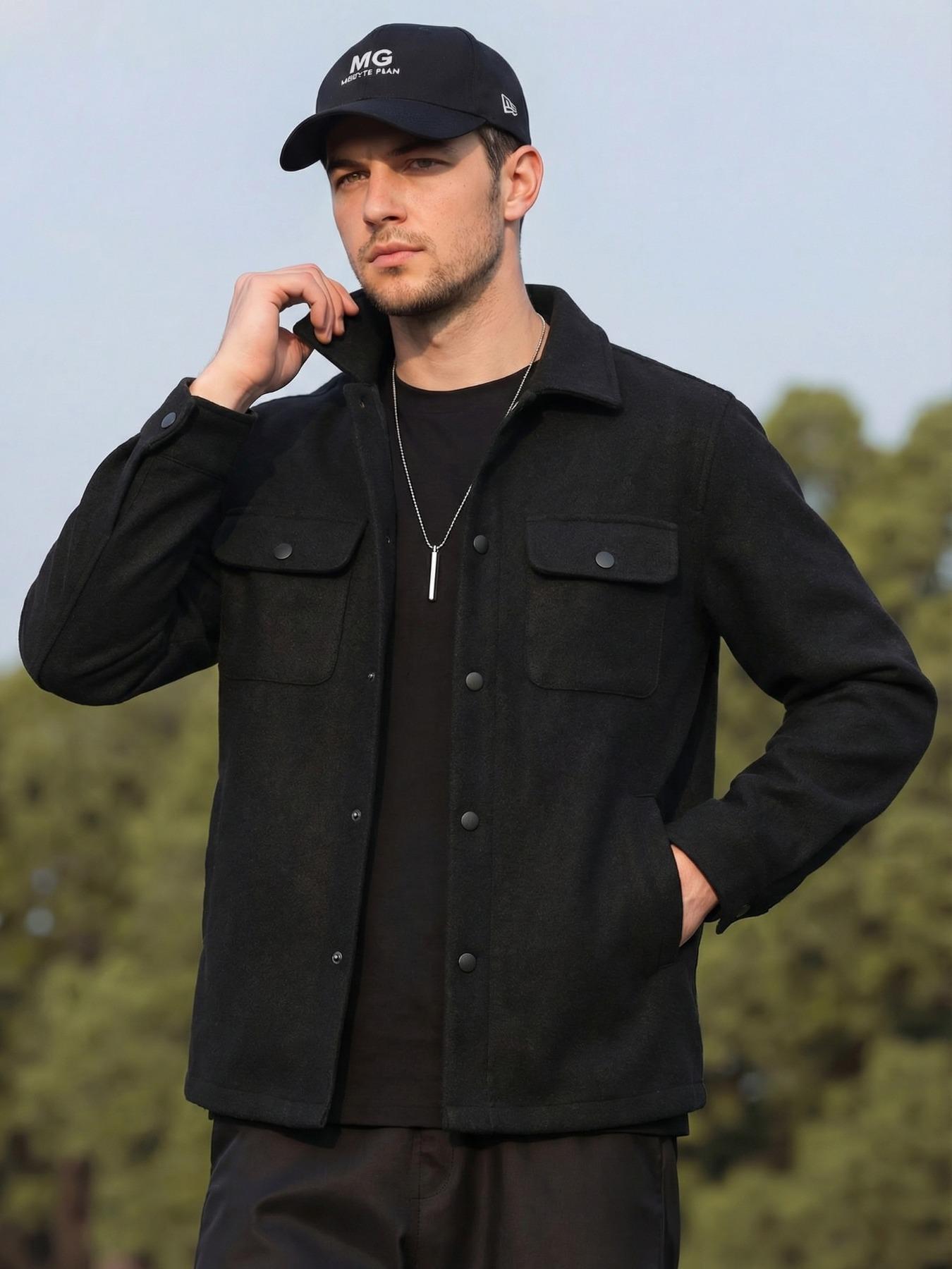 Men's Casual Thick Woven Solid Pocket Jacket Coat, Fitted Design for Work & Outdoor, Lightweight for Fall Winter Season