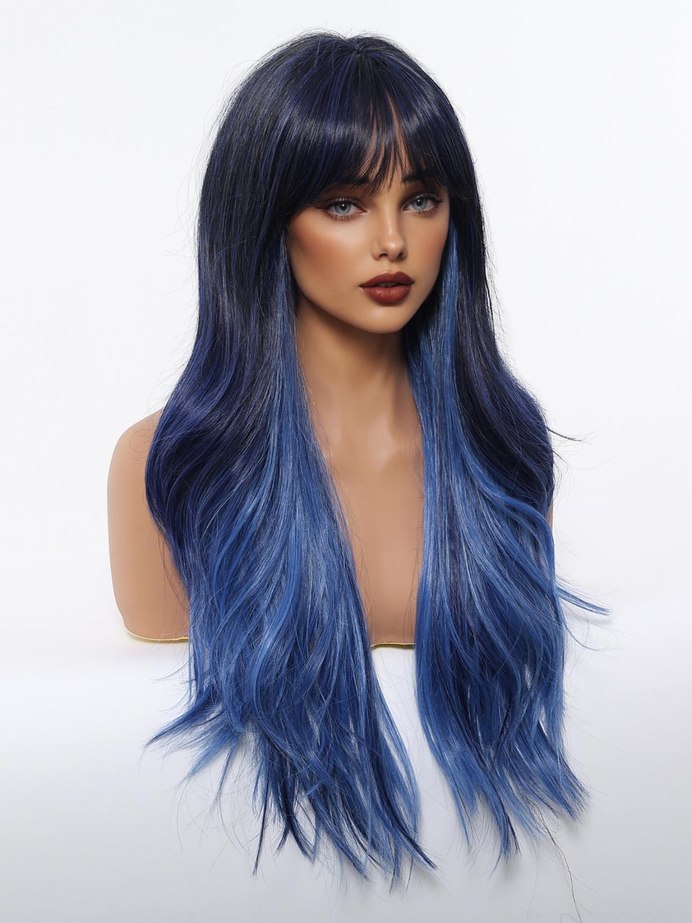 Fashionable New Long Wavy Dark Blue Wigs with Bangs and Blue Highlights, Synthetic Women's Wigs for Daily Use, Parties or Halloween Cosplay Taking Photos