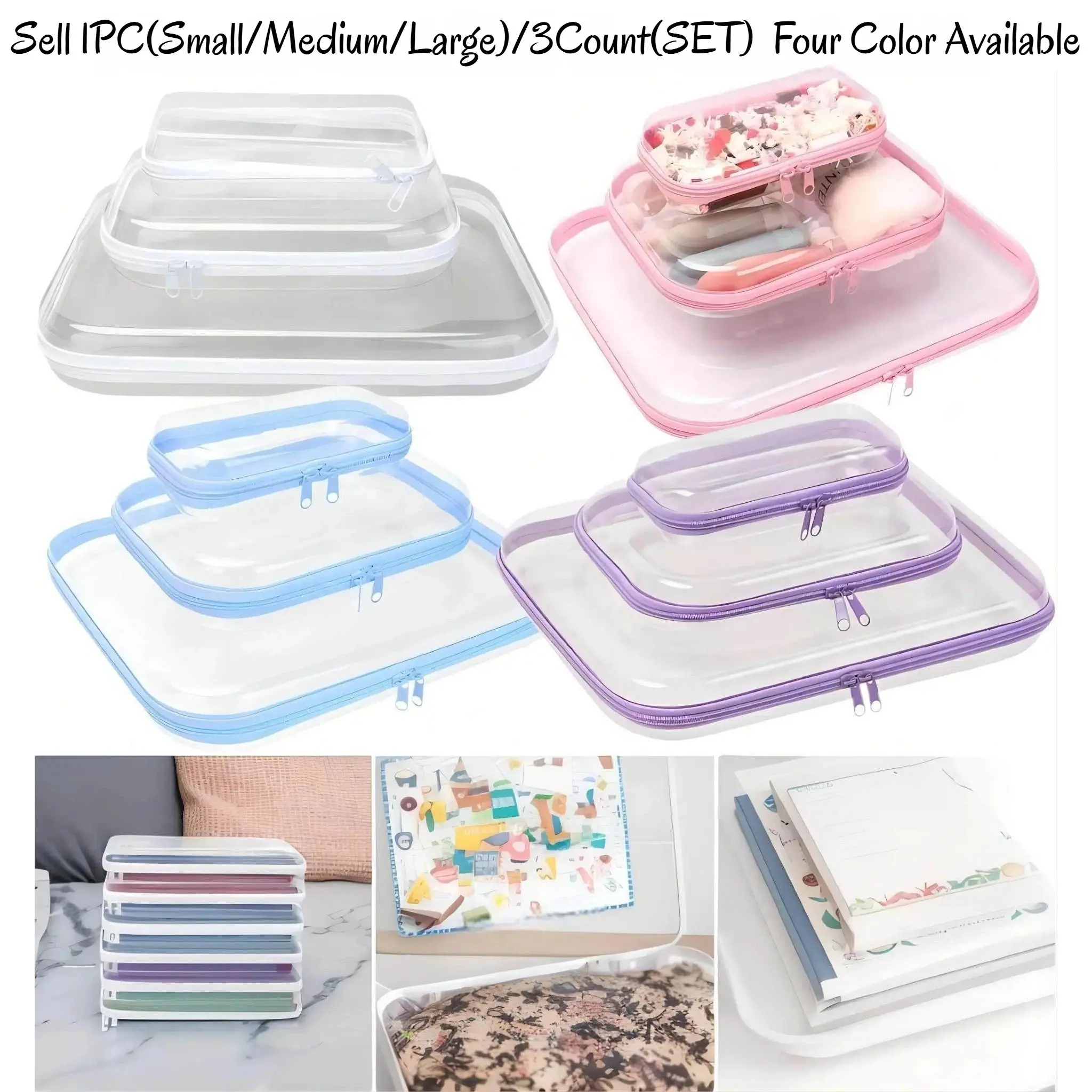 1/3 Set Clear Storage Box, Cosmetic Organizer Box, Cosmetics Organizer, Cosmetic Holder, Large Capacity Zipper Storage Box, White/Pink/Blue Portable Storage Organizer for Skincare, Clothes, Travel Toiletry Bag, Space Saver Organizer, Large/Medium/Small