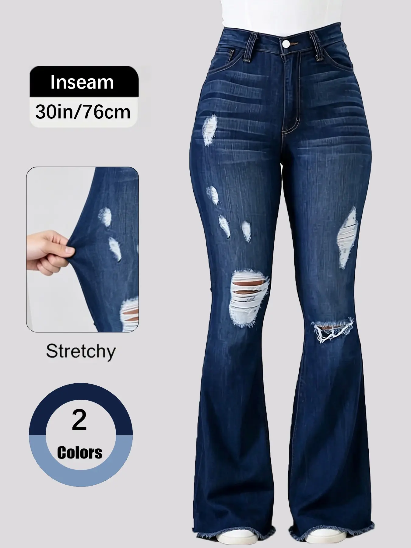 Elegant Vintage Dark-Wash High-Waisted Bell Bottom Jeans, Slim-Fit Ripped Distressed Denim Jeans, Stretchy Button Fly Casual Women's Flare Pants