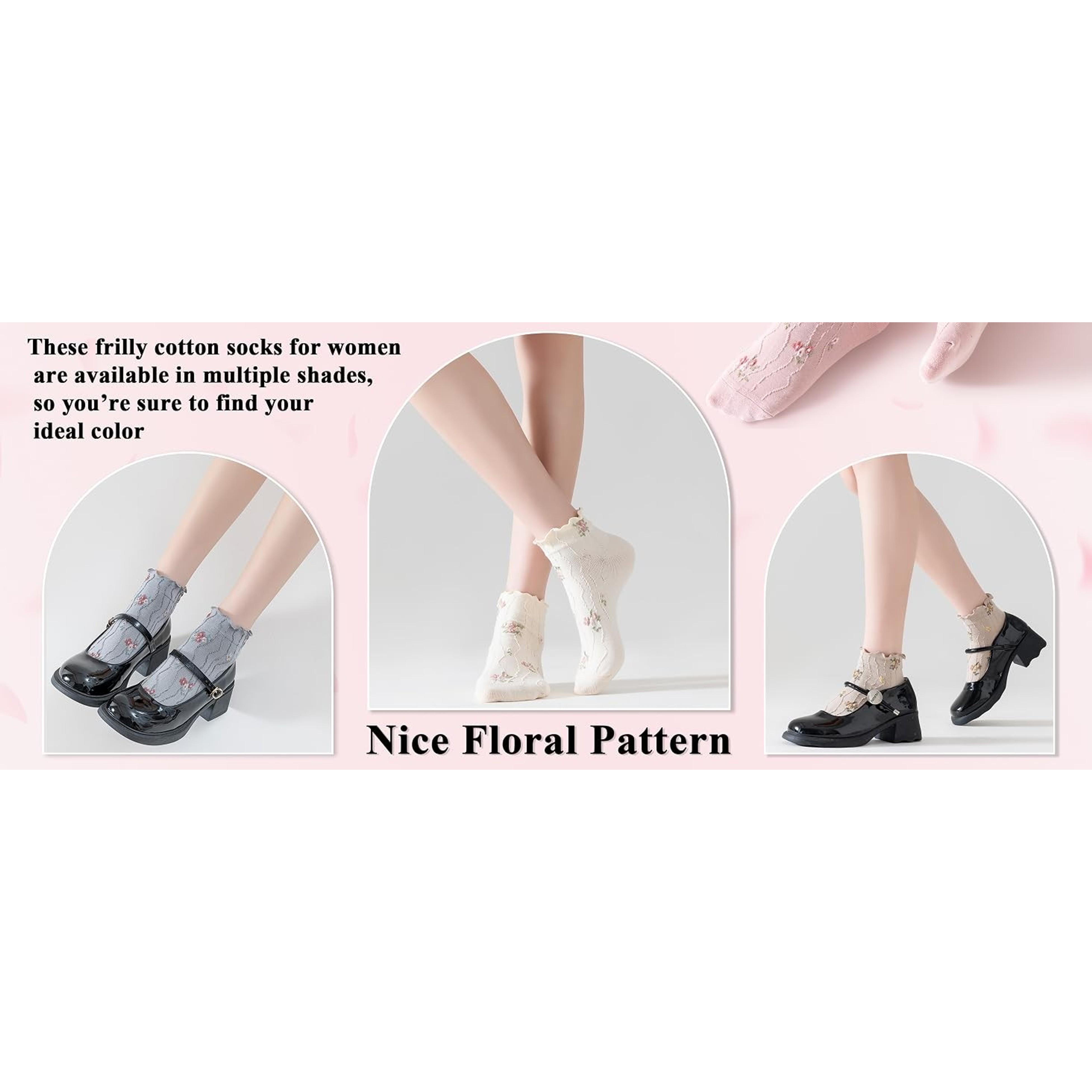 Women's Ruffle Ankle Socks, Vintage Patterned Short Casual Dress Socks, Cute Princess Lettuce Floral 6 Pack(Gift)