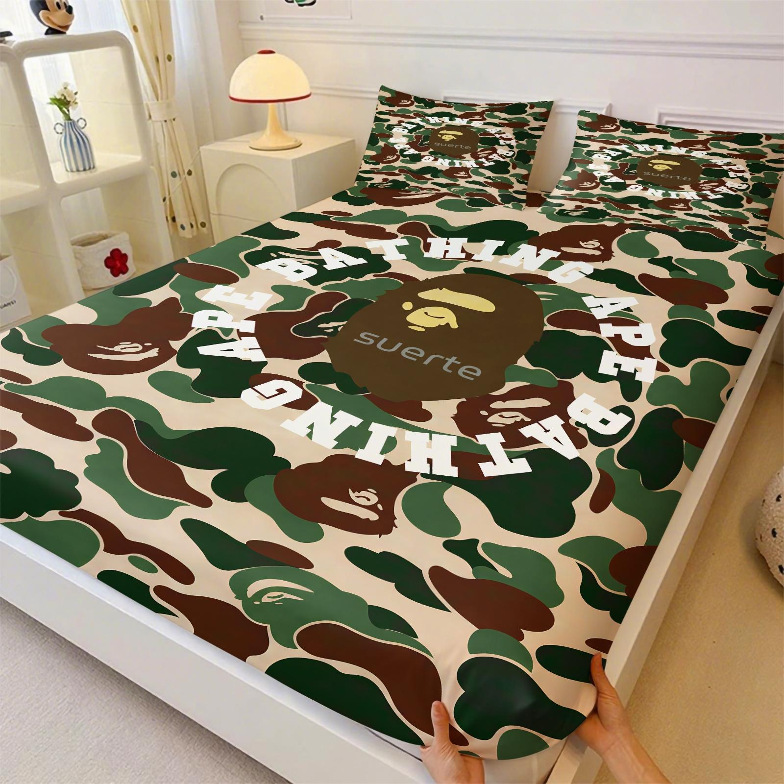 Black-White Camouflage Fitted Sheet Set & 2 Pillowcases No Core, Low-Saturation Camo & Iconic Ape Head Logo, Soft Anti-Slip Wrinkle Resistant, Industrial Hip Hop Style Bedroom Decor, Gift for Fans