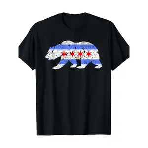 Men's  Short-Sleeve Round Neck Distressed Chicago City Flag Bear Graphic T-Shirt, Streetwear Top, Ideal Gift for Casual Menswear Crewneck Tshirt