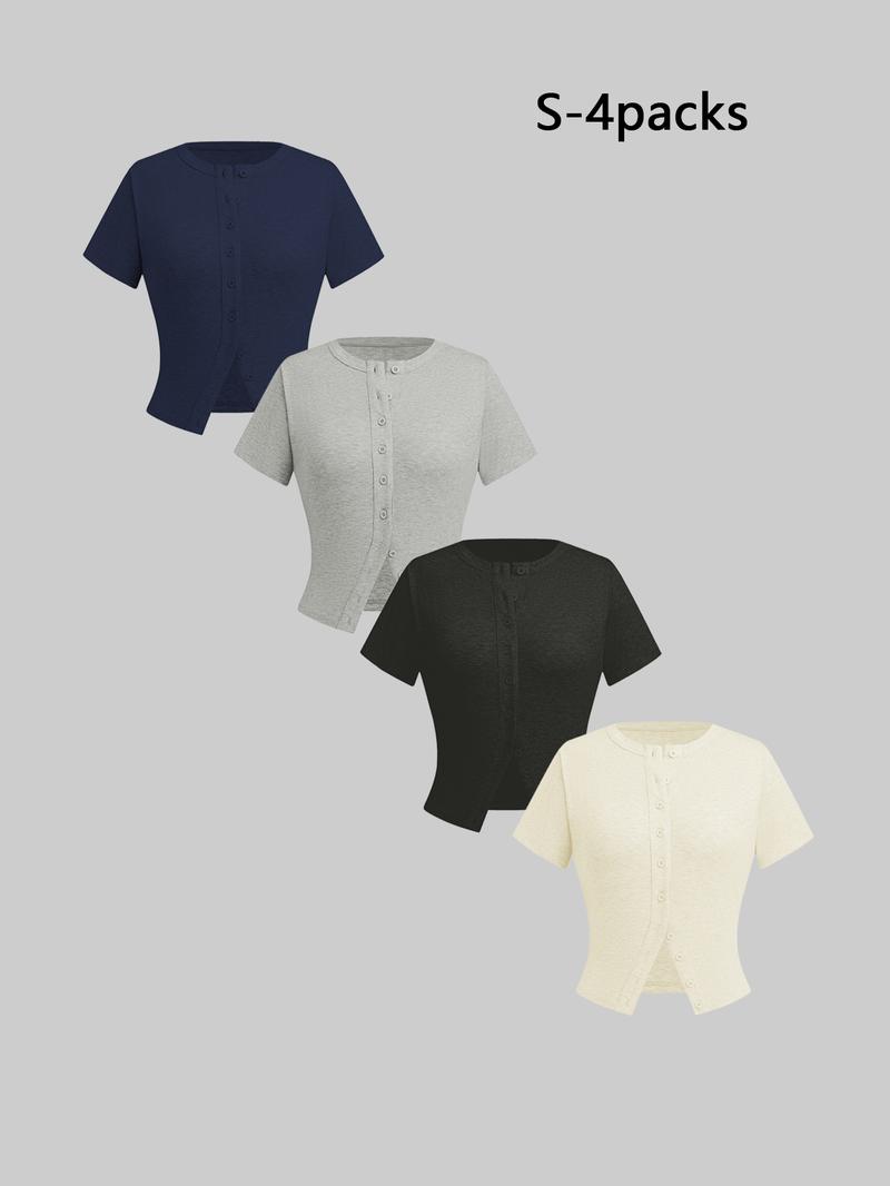 Women's Plain Button Front Ribbed Tee Set, Casual Chic Minimalist, Casual Short Sleeve T-shirt for Daily Wear, Ladies Clothes for All Seasons