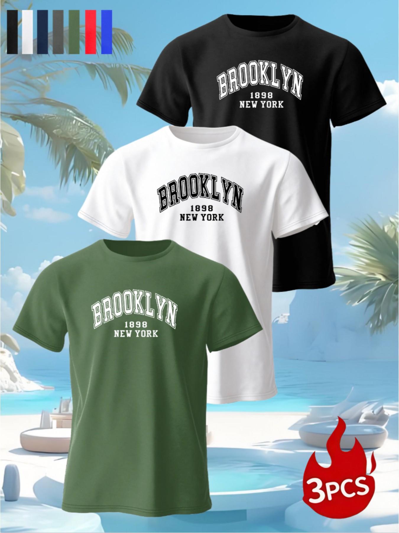 Men's Summer Short Sleeve T-Shirt, Comfortable Breathable Round Neck, New York Print, Casual Sporty Style, Multi-Color Options