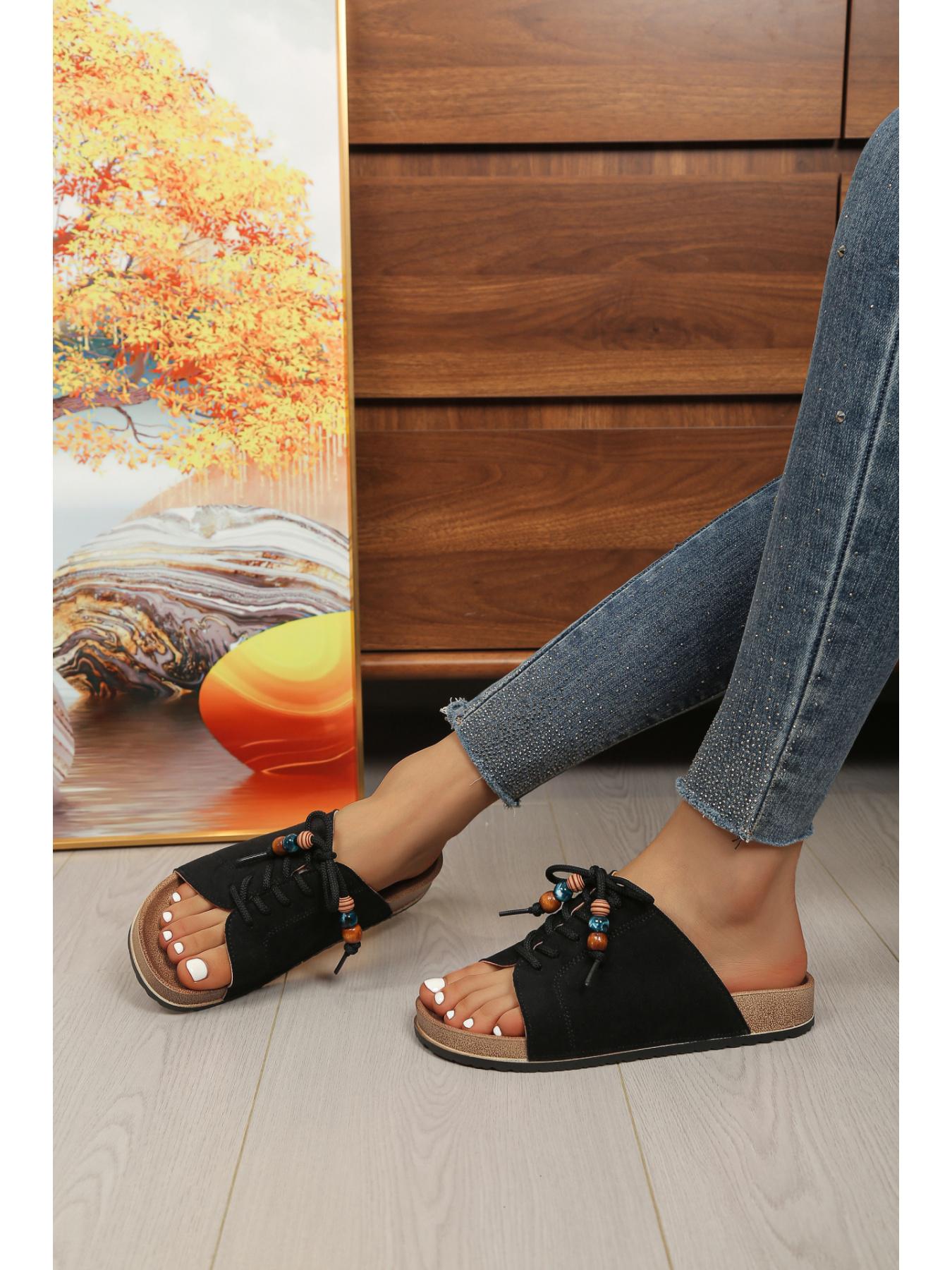 Women's Multi-Color Suede Cork Footbed Slides, Beaded Lace-Up Open Toe Mule Sandals, 2 Colors Available