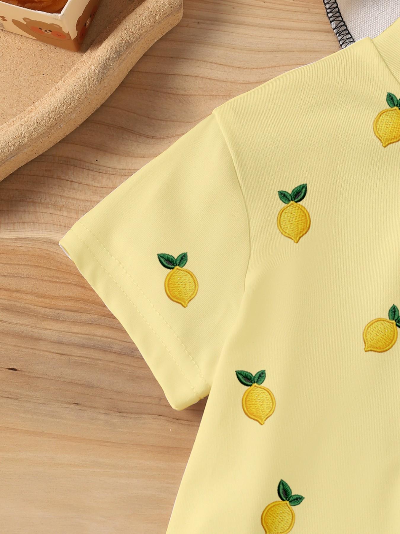 Babygirl Two-Piece Set Vacation Style Fresh Cute Lemon Print Top & Shorts Suit for Summer Outdoors, Casual Fashion for Women
