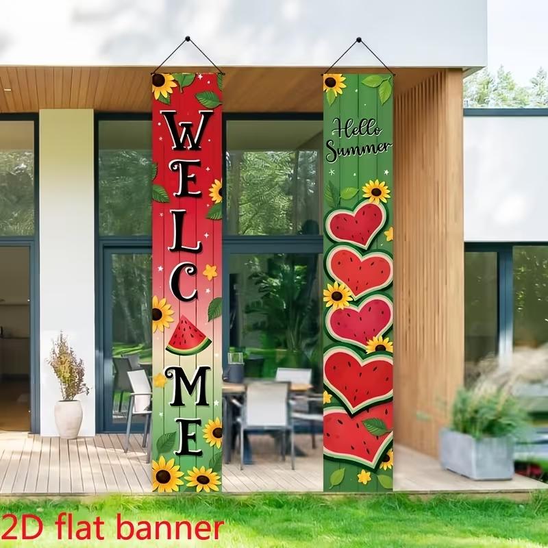 Welcome Hello Summer Porch Banners Set, Watermelon Sunflower Vertical Door Signs, Summer Farmhouse Garden Decor, Festival Decorations