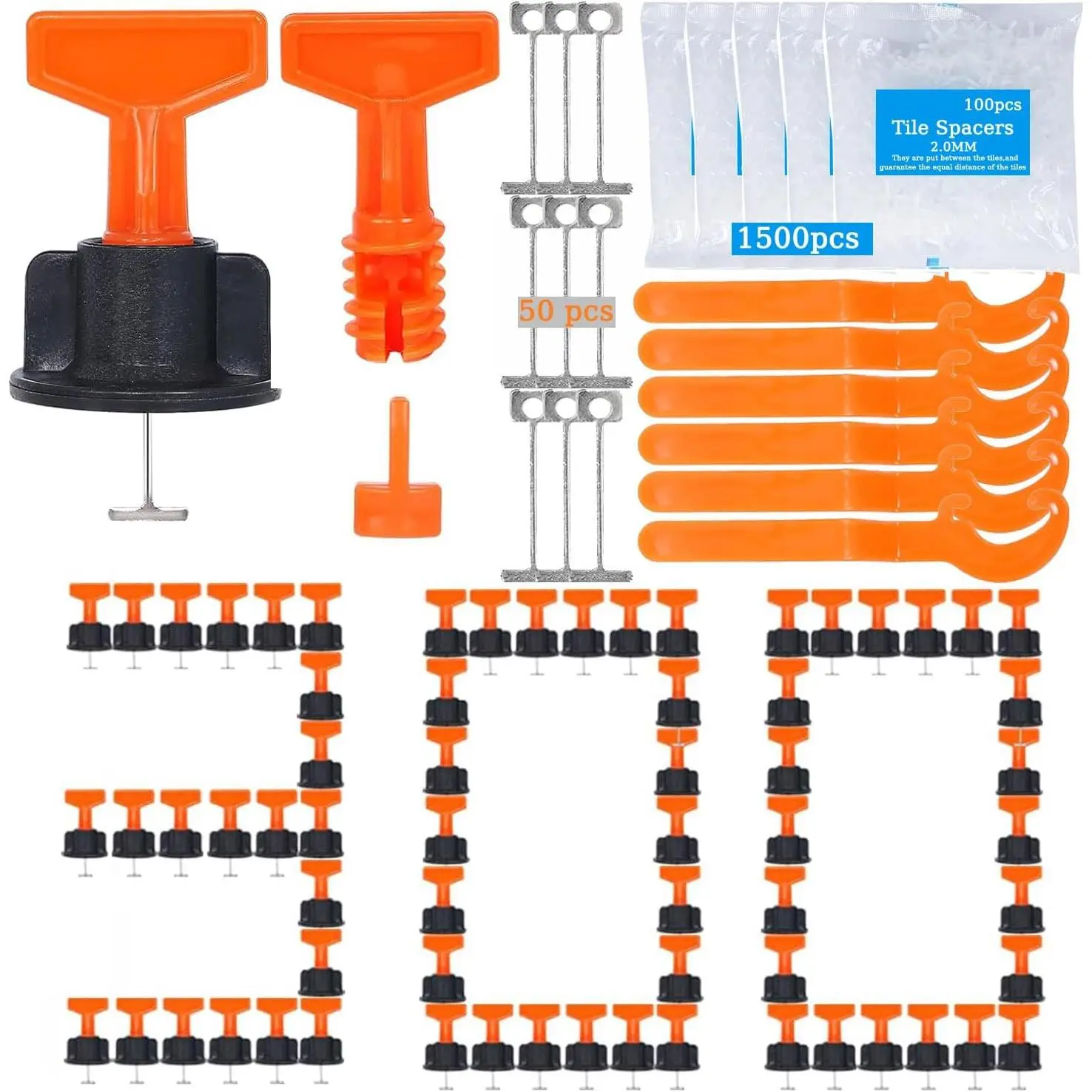 Tile Leveling System Kit,300pcs Reusable 1/16" Tile Leveler Spacers+1500pcs Cross-shaped Tile Spacers+6pcs Wrench+1pack 1/16" Replaceable Spare Steel T-Pin,Tools for Wall Floor Tile Adjustment
