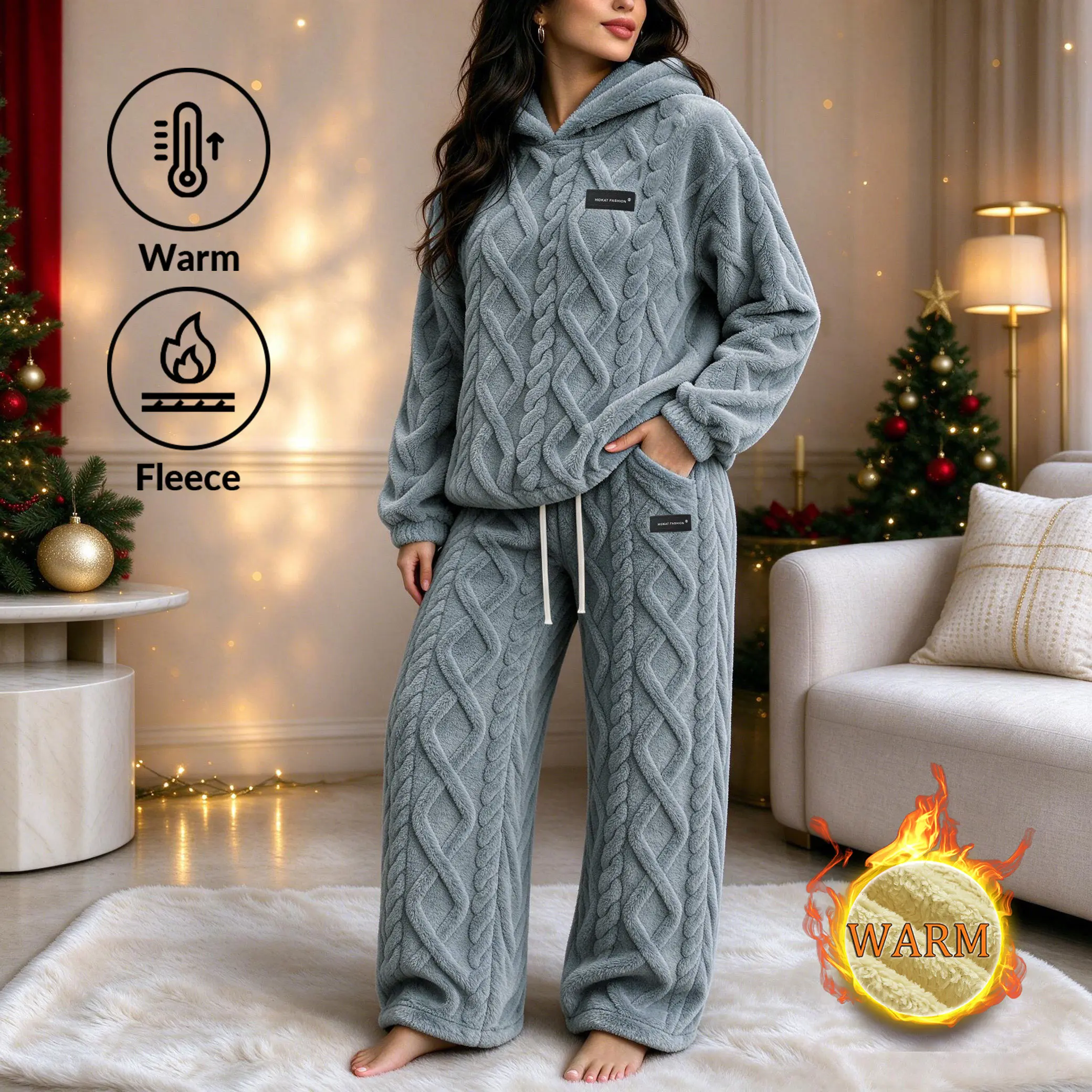 Women's Jacquard Plush Hooded Set: Thick, Warm Hooded Top Paired with Straight-leg Pants Featuring An Elastic Drawstring Waist. Loose, Oversized Fit with Side Pockets; An Excellent Gift for Christmas, Thanksgiving, or Birthdays.